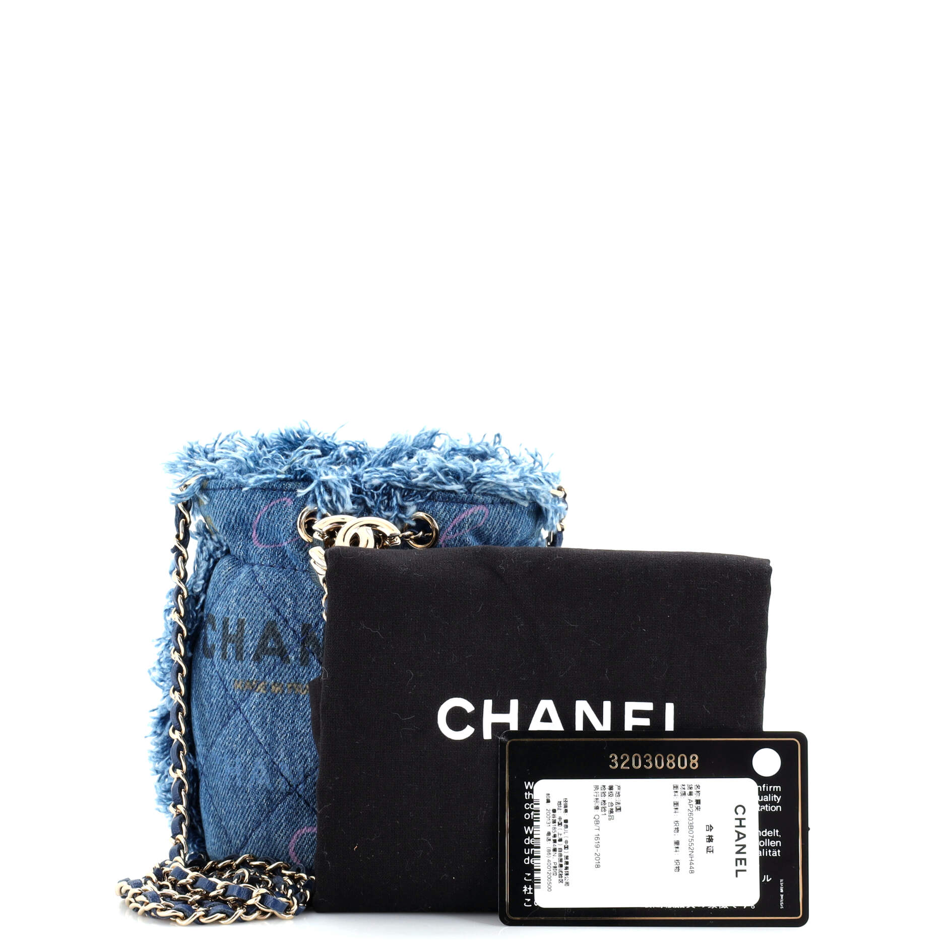 Denim Mood Chain Bucket Bag Logo Printed Quilted Fringe Denim Mini