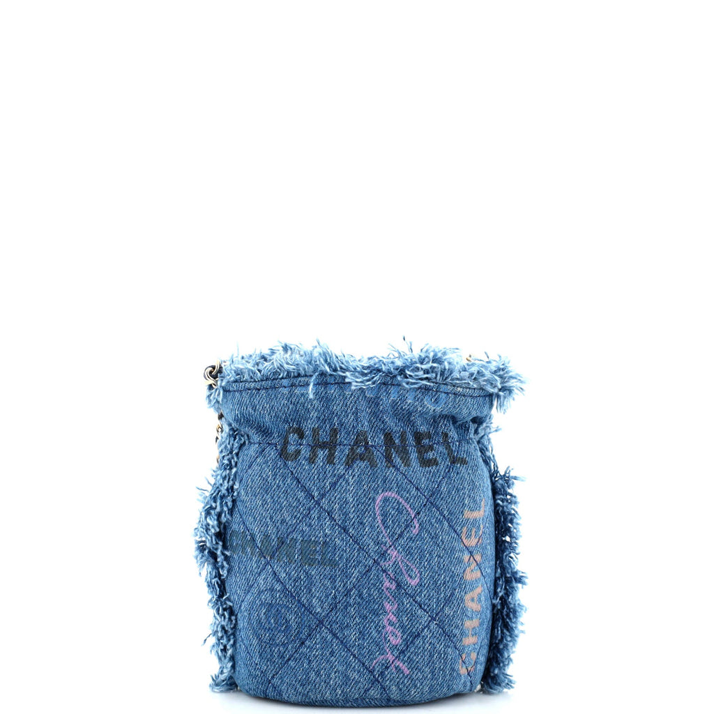 Denim Mood Chain Bucket Bag Logo Printed Quilted Fringe Denim Mini