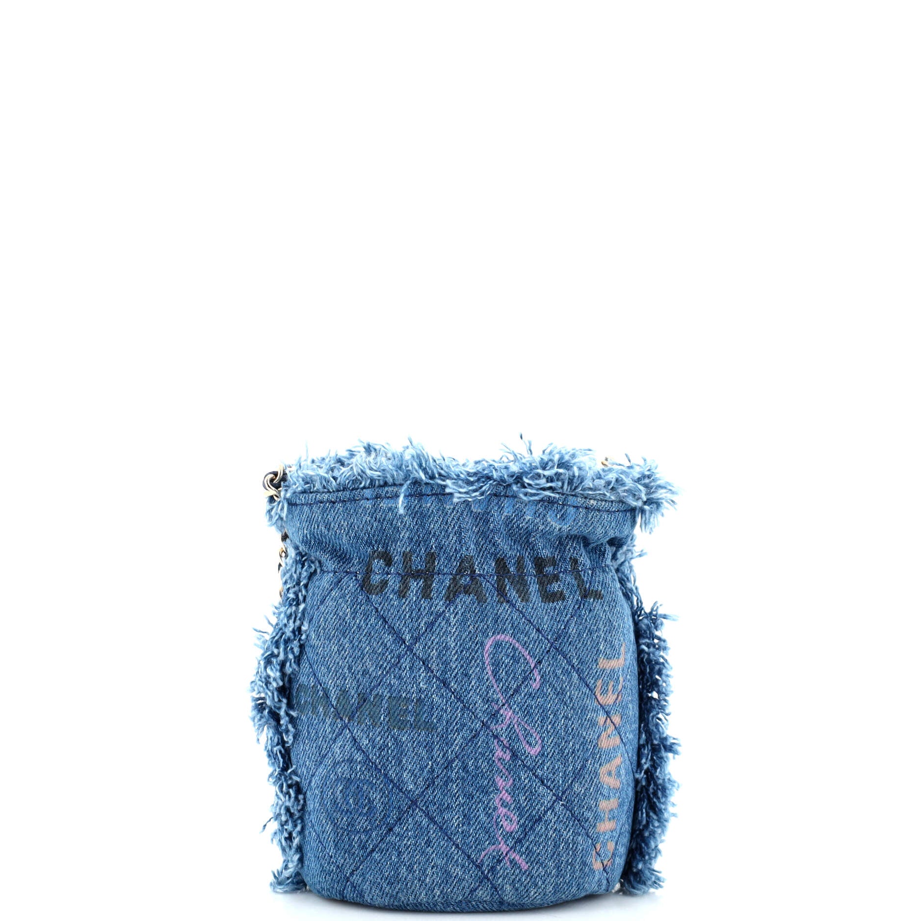 Denim Mood Chain Bucket Bag Logo Printed Quilted Fringe Denim Mini