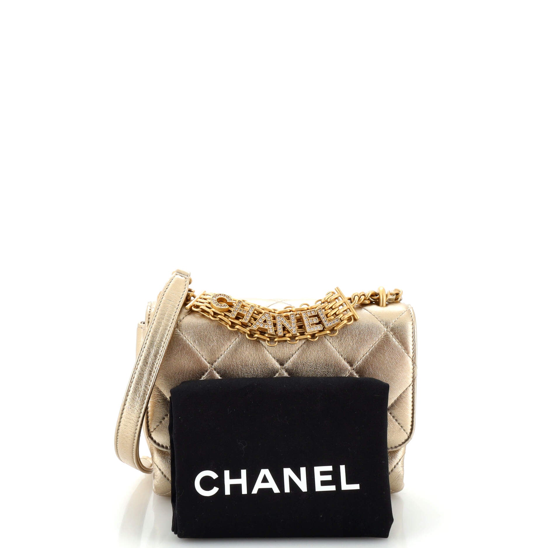 Crystal Logo Letters Chain Handle Flap Bag Quilted Lambskin Mini