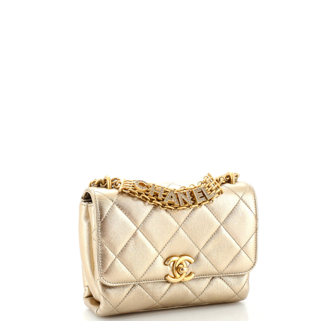 Crystal Logo Letters Chain Handle Flap Bag Quilted Lambskin Mini