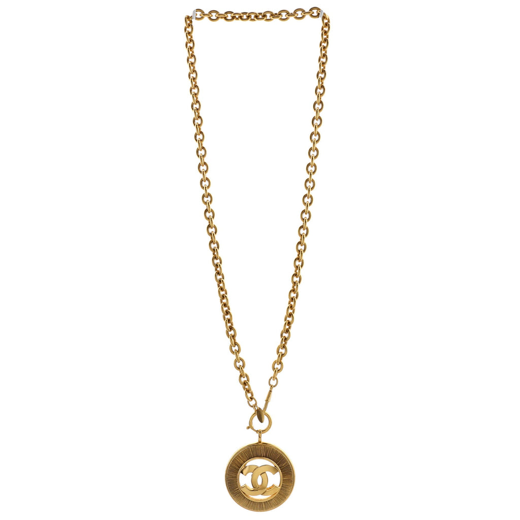 Vintage CC Round Cut-Out Pendant Necklace Metal