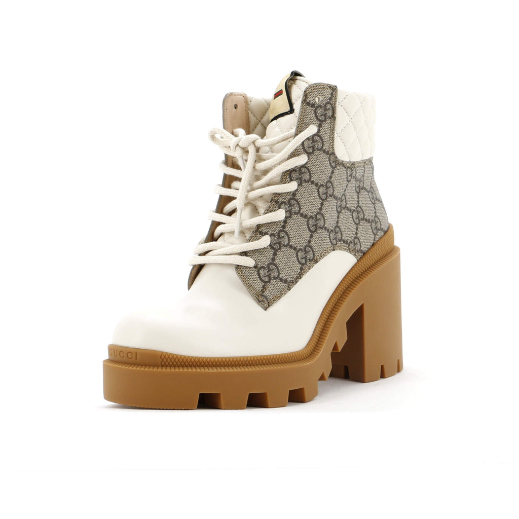 Women's Lace Up Heeled Ankle Boots GG Coated Canvas with Quilted Leather