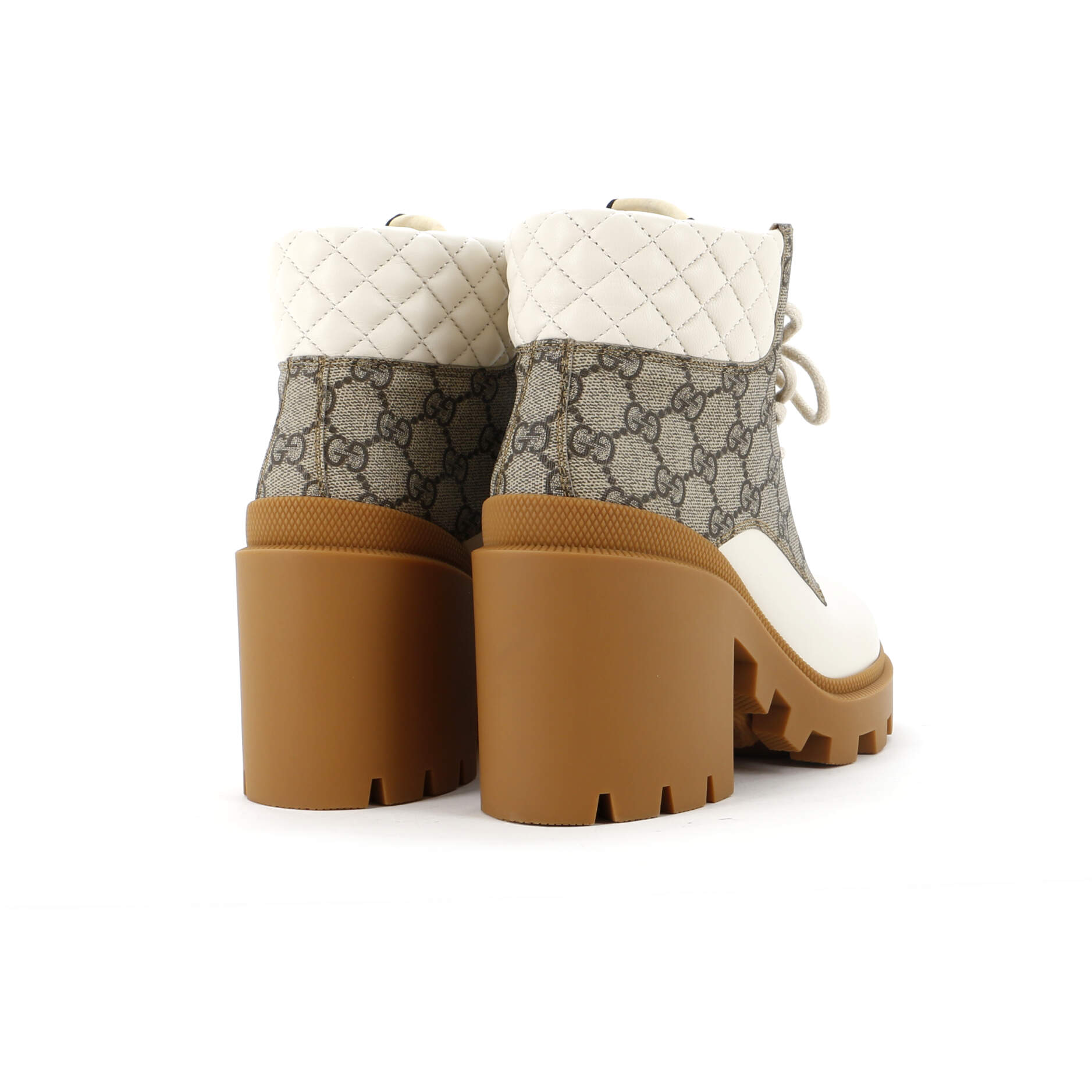 Women's Lace Up Heeled Ankle Boots GG Coated Canvas with Quilted Leather