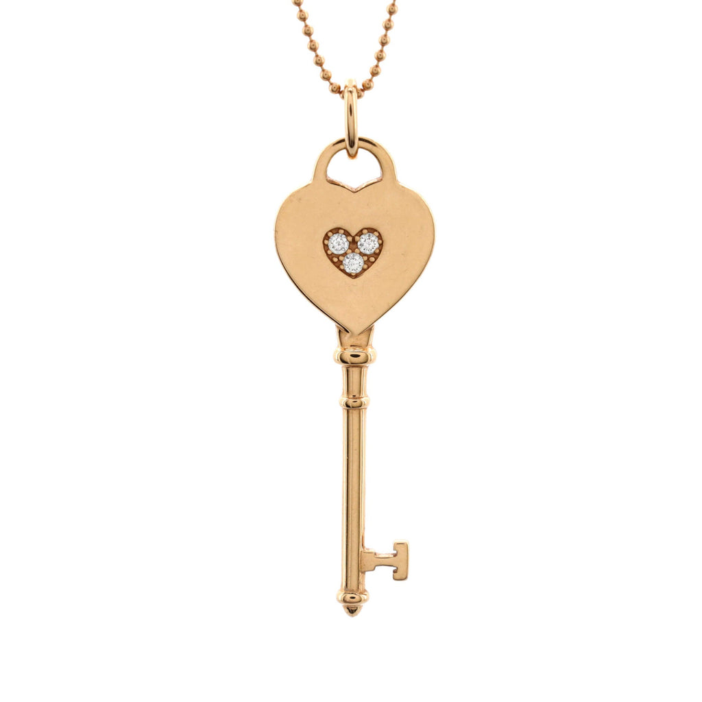 Full Heart Key Pendant Necklace 18K Rose Gold with Diamonds Mini