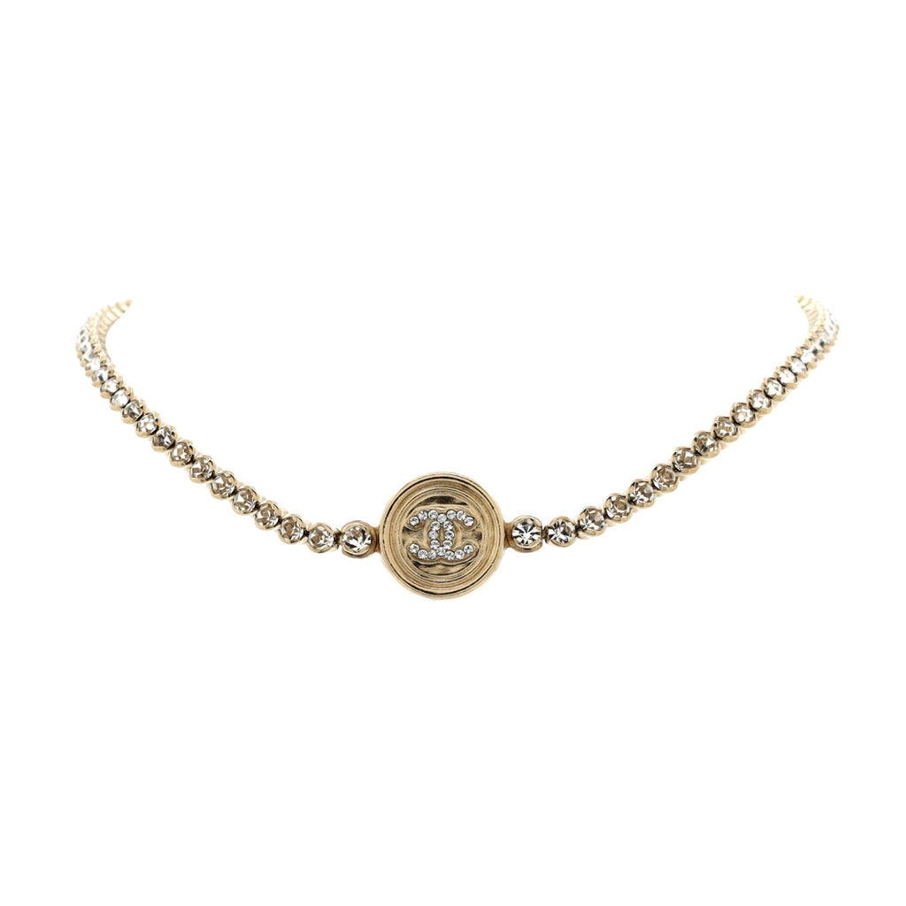 CC Round Button Choker Necklace Metal with Crystals