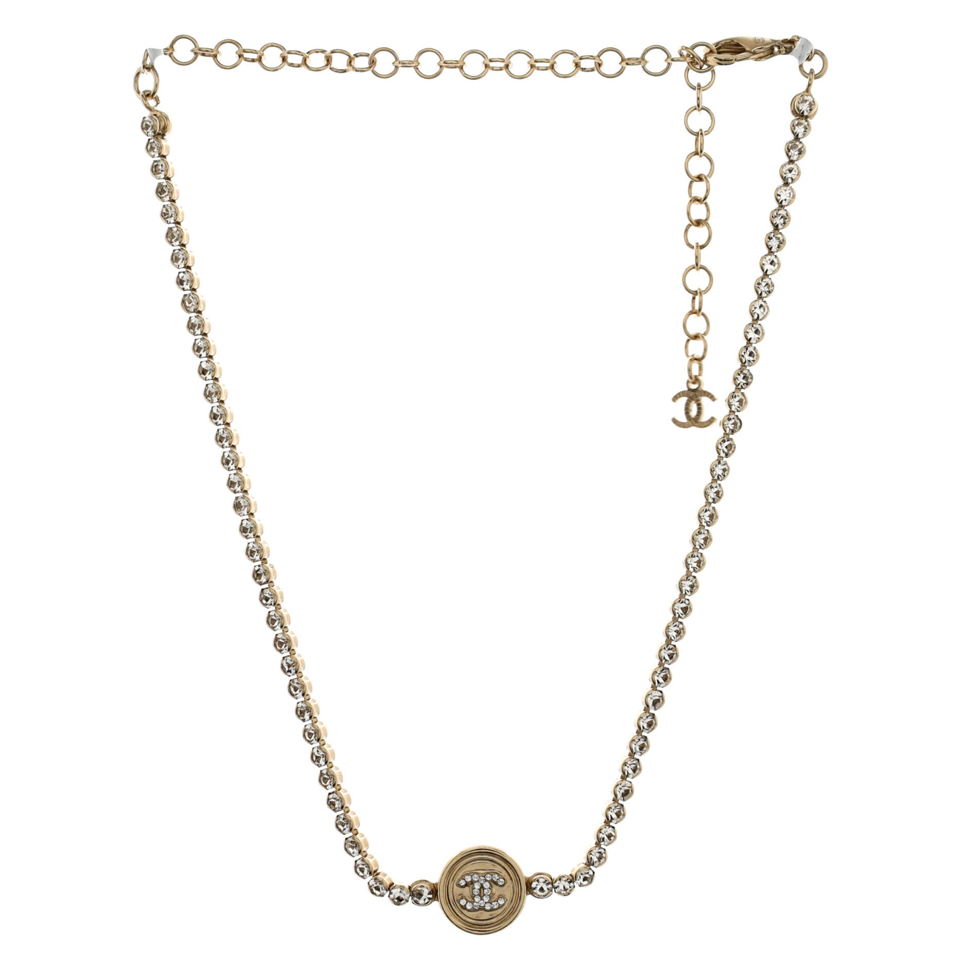 CC Round Button Choker Necklace Metal with Crystals