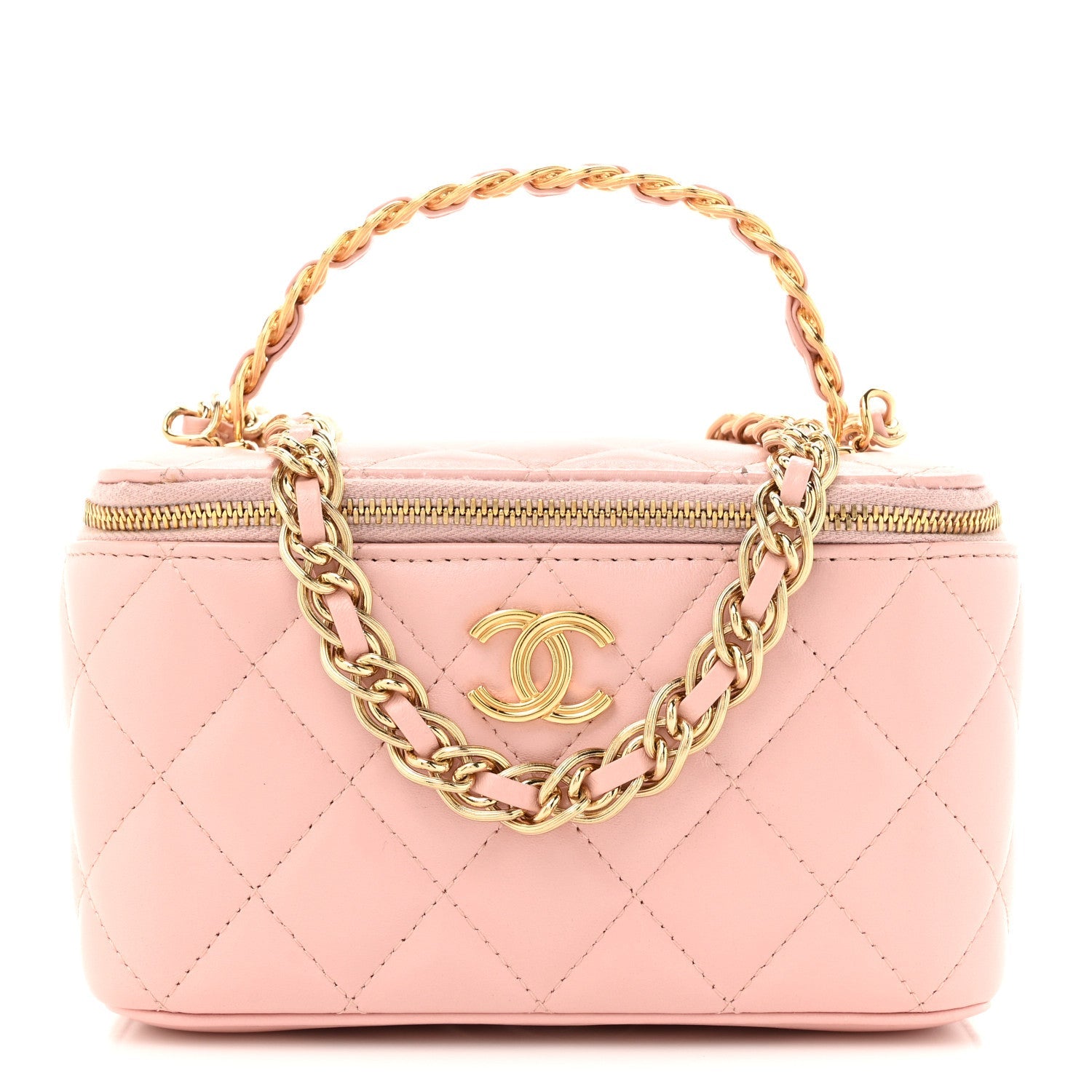 Lambskin Quilted Small Top Handle Vanity Case With Chain Light Pink