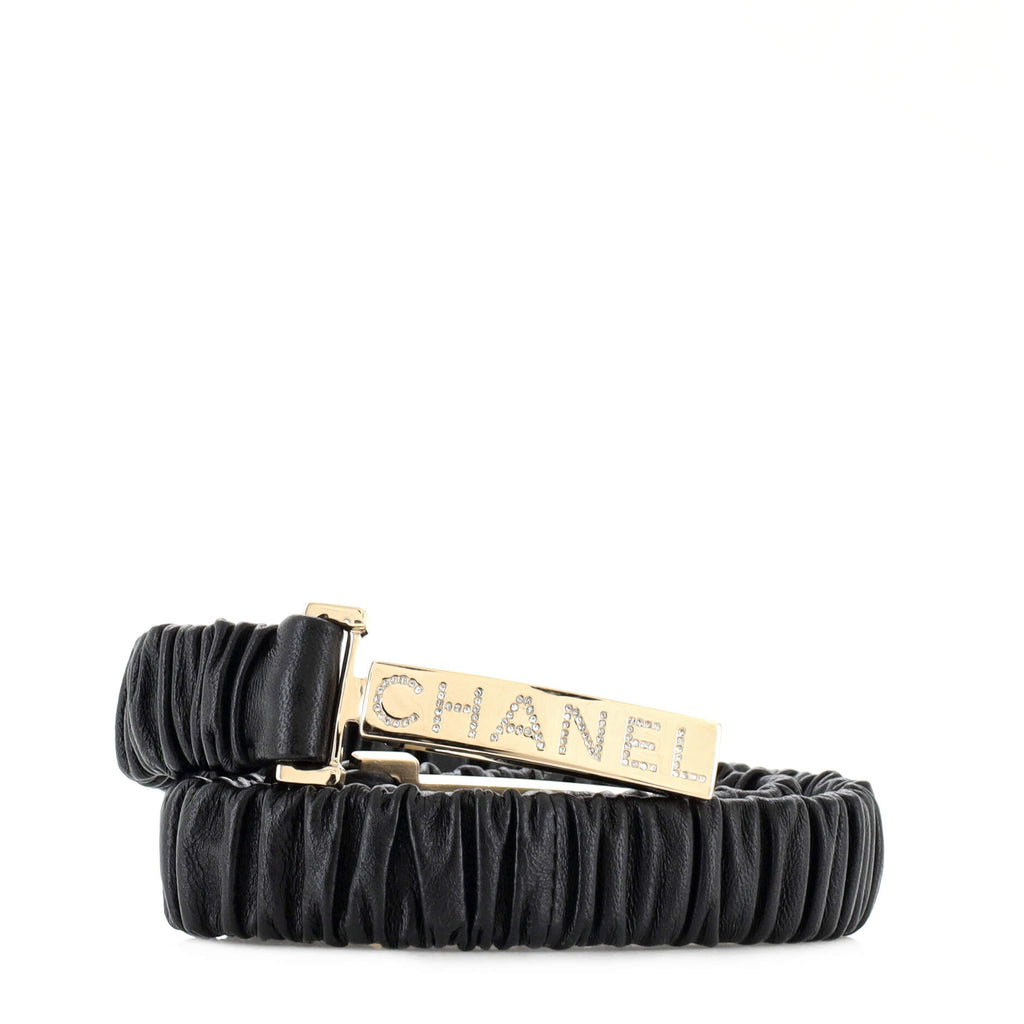 CC Logo Buckle Elastic Belt Leather with Metal and Crystals 70