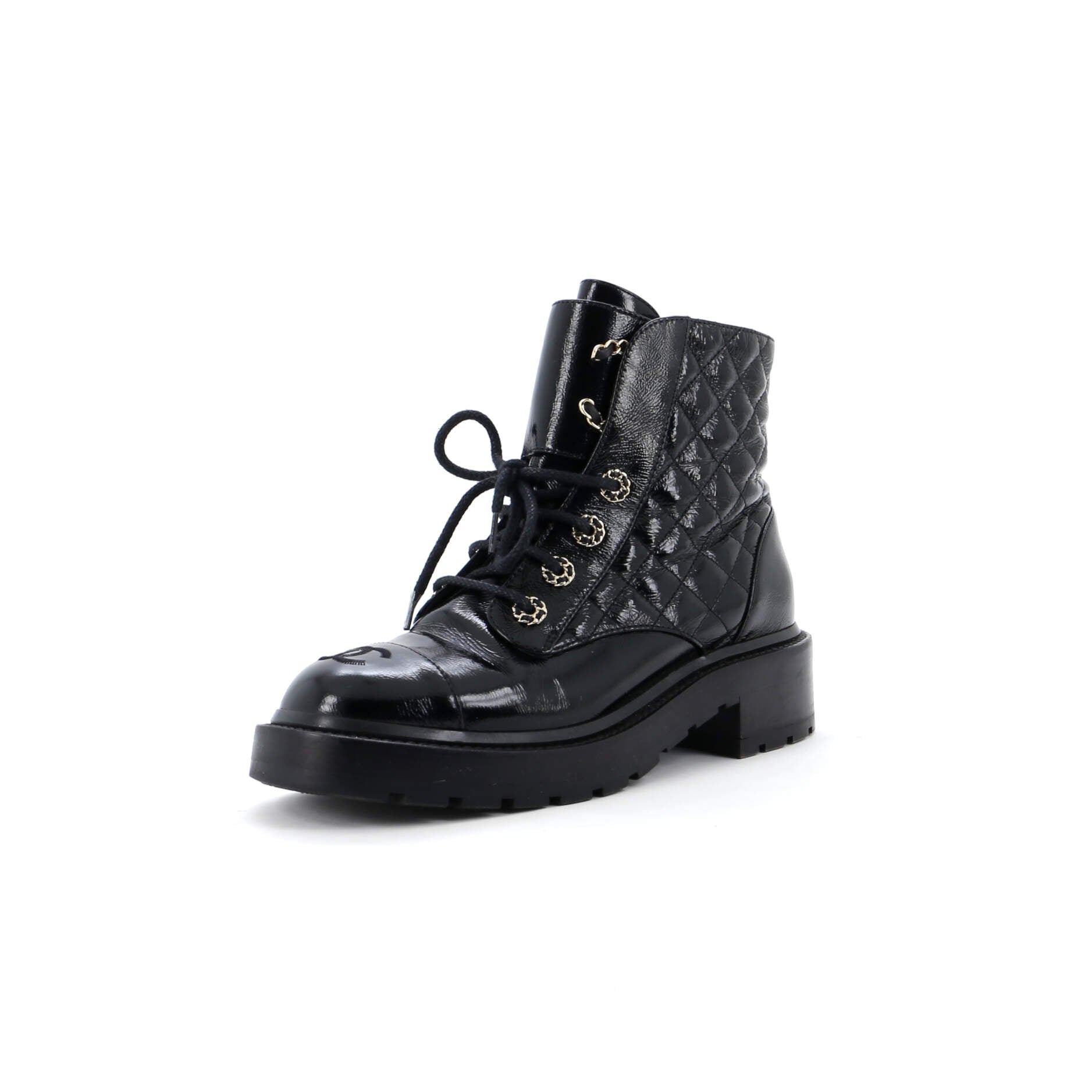 Women's Chain CC Cap Toe Lace Up Combat Boots Quilted Shiny Calfskin