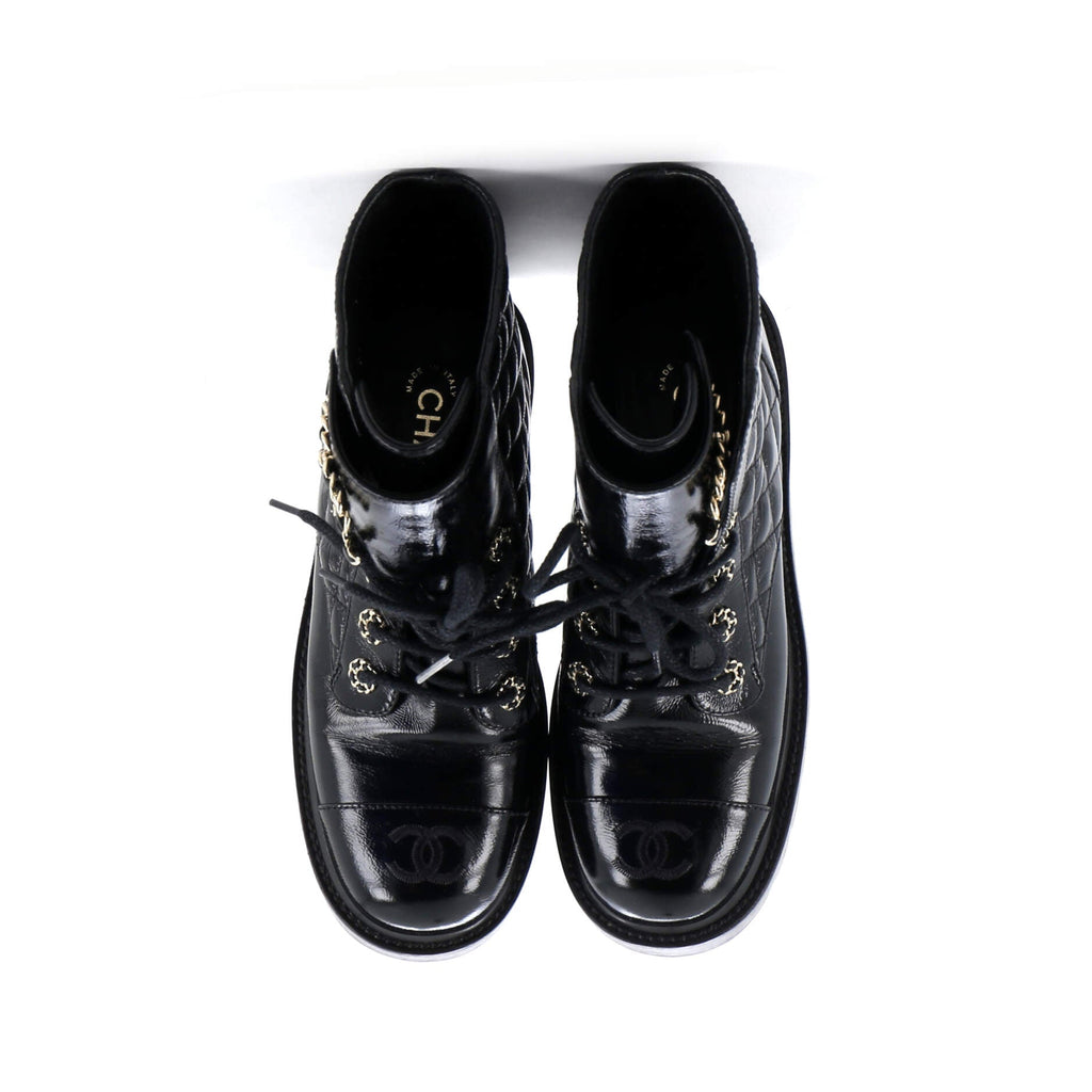 Women's Chain CC Cap Toe Lace Up Combat Boots Quilted Shiny Calfskin