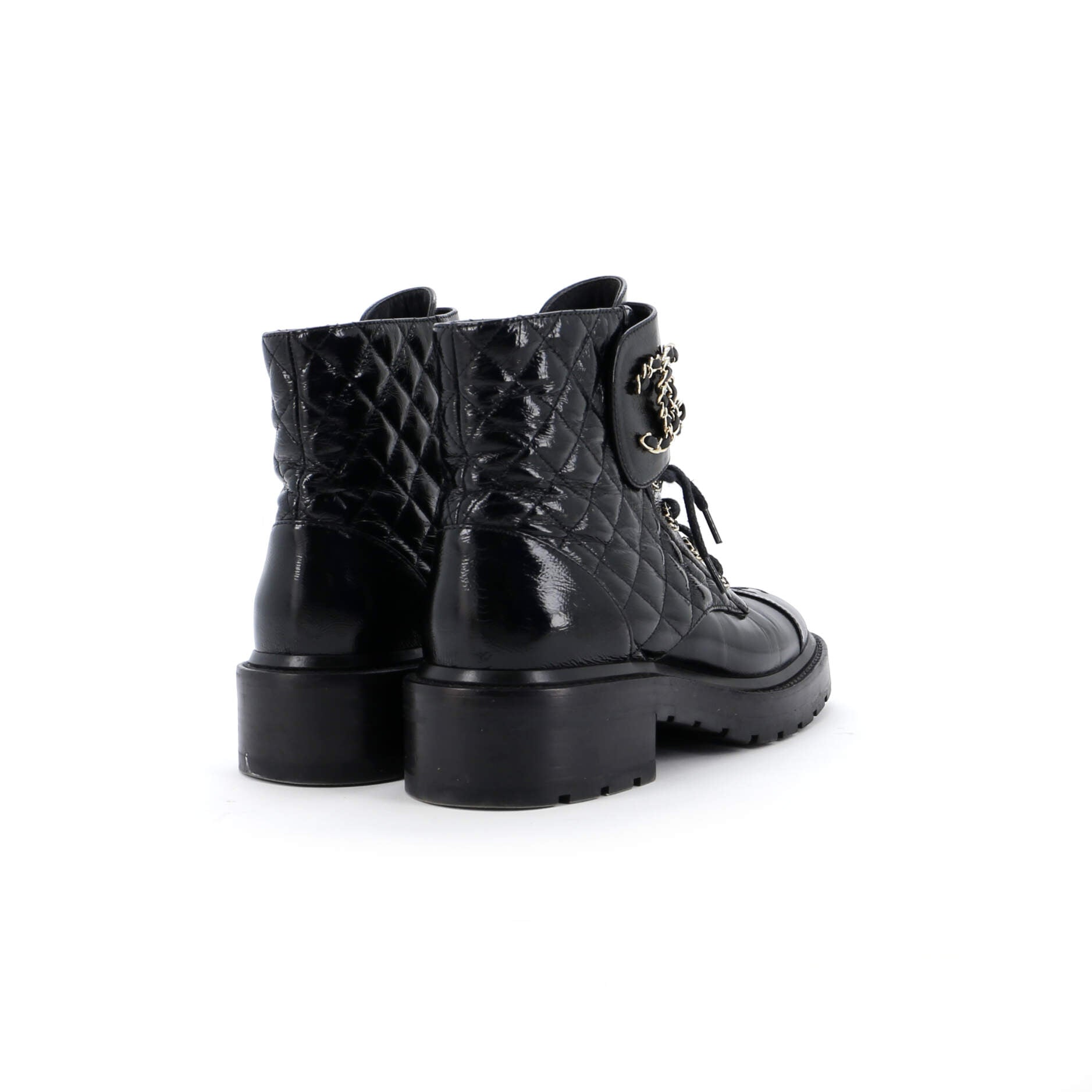 Women's Chain CC Cap Toe Lace Up Combat Boots Quilted Shiny Calfskin