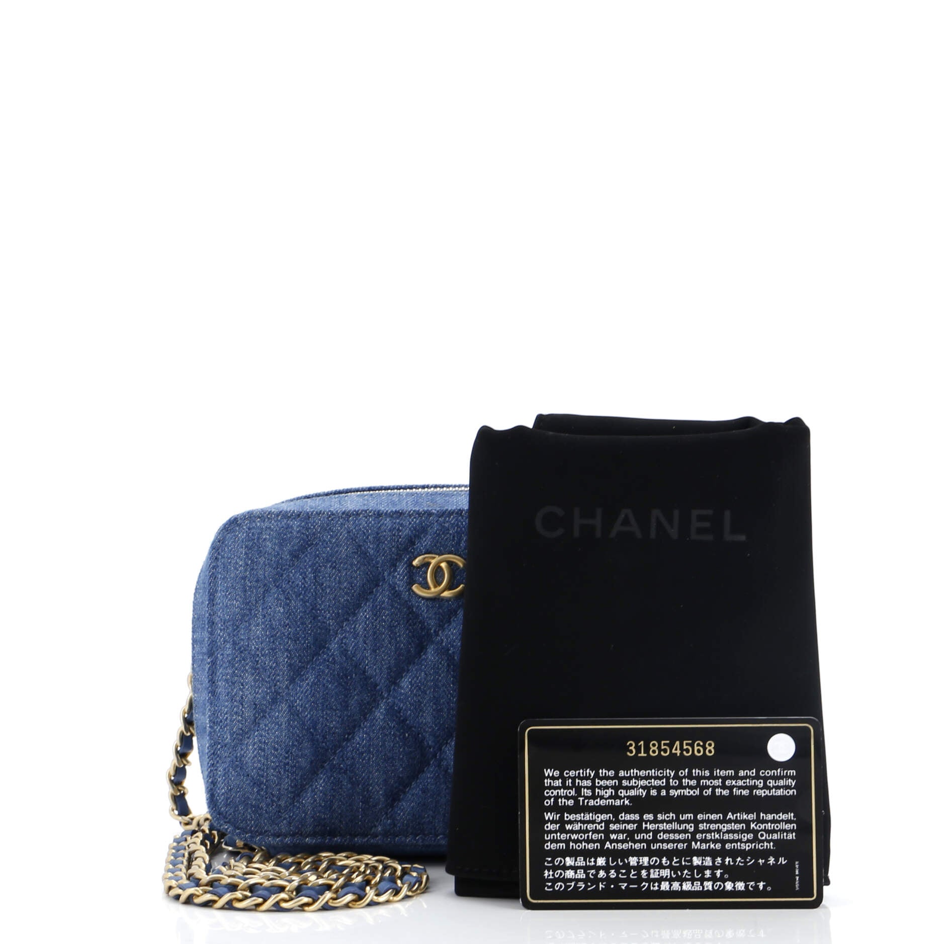 Pearl Crush Zip Around Vanity Case with Chain Quilted Denim Mini