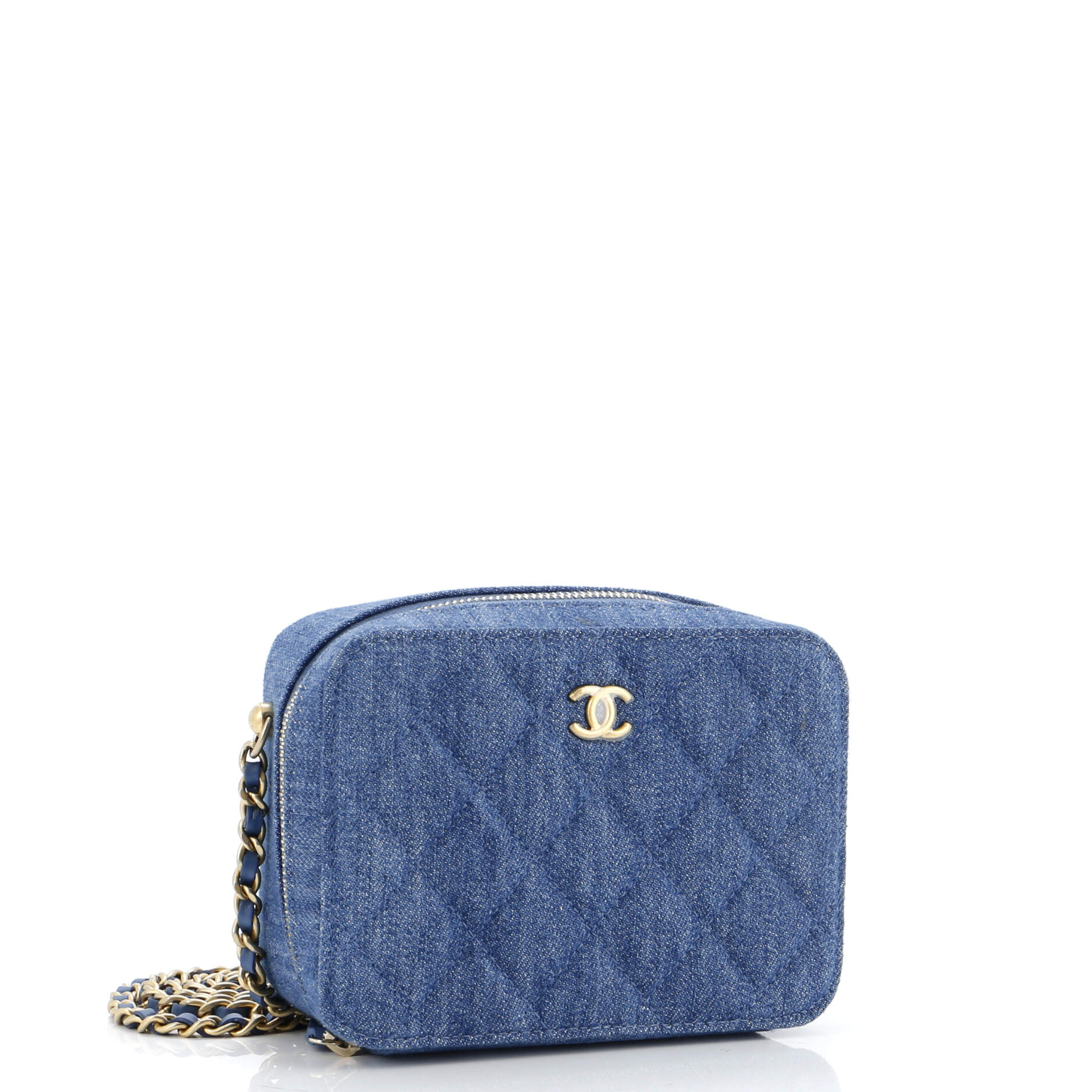 Pearl Crush Zip Around Vanity Case with Chain Quilted Denim Mini