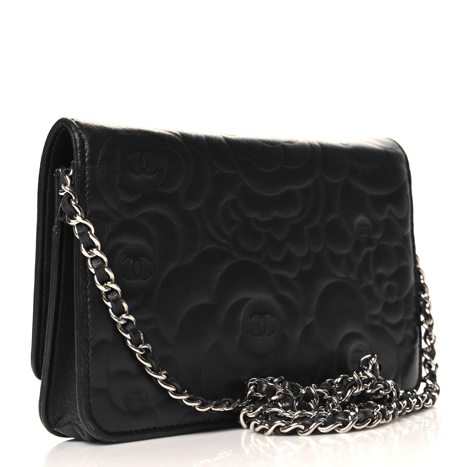 Lambskin Camellia Embossed Wallet On Chain WOC Black