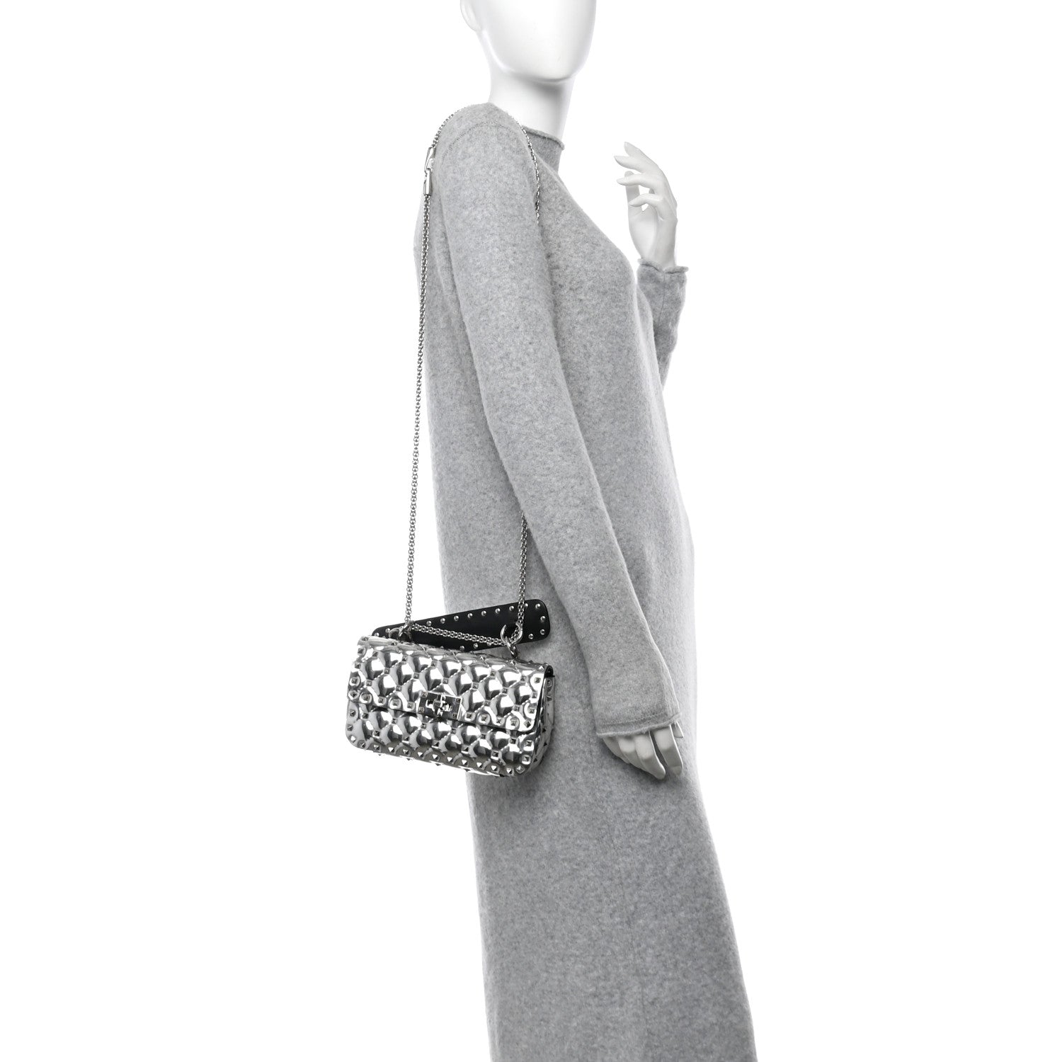 Metallic Patent Quilted Small Rockstud Spike Shoulder Bag Silver