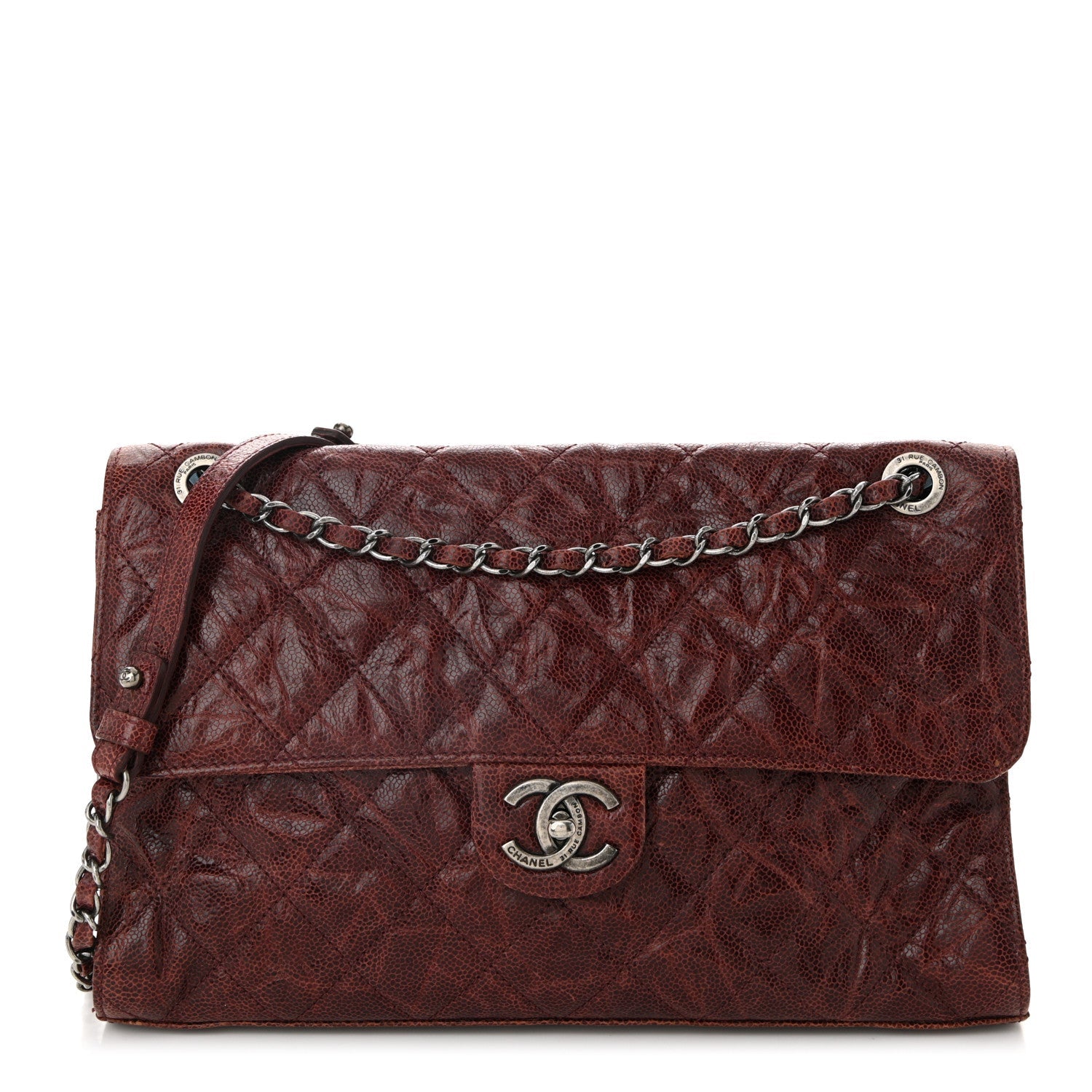 Crumpled Grained Calfskin Jumbo CC Crave Flap Burgundy
