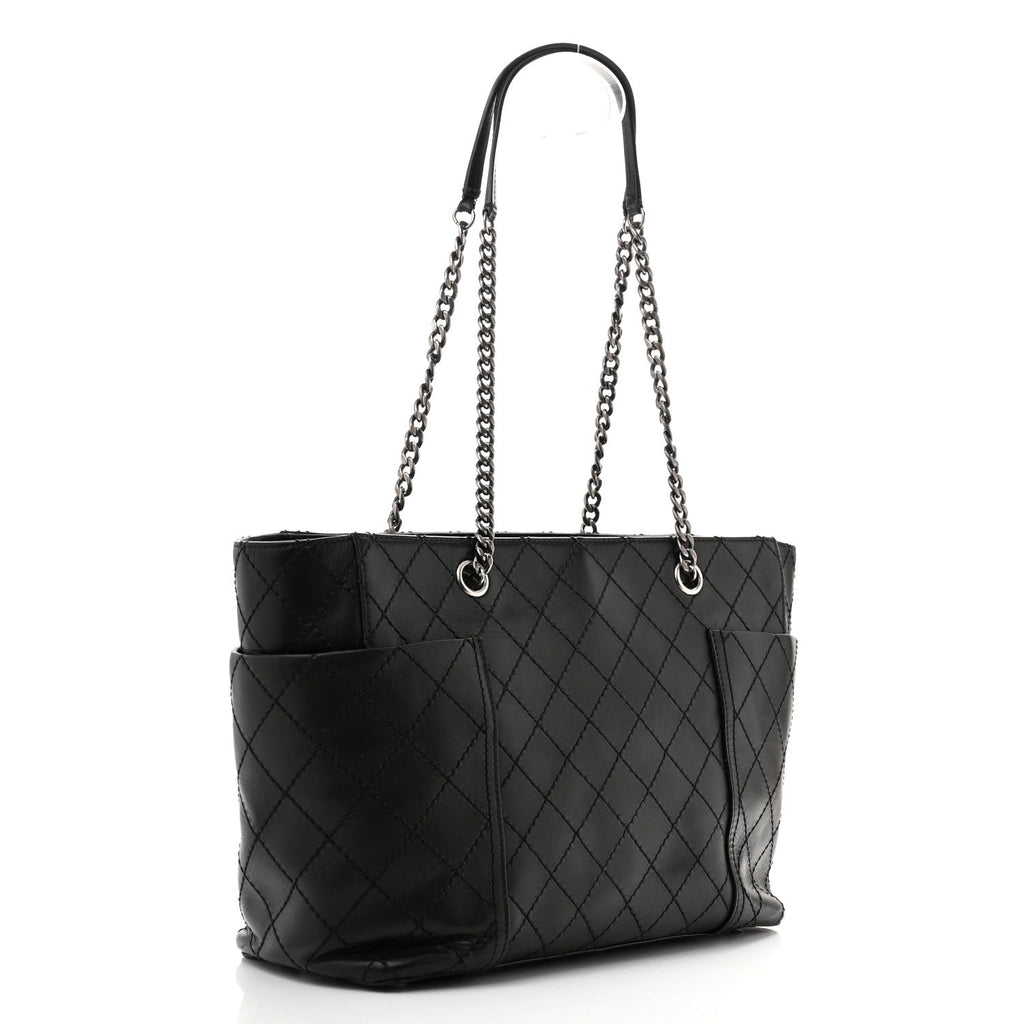 Lambskin Stitched Shopping Tote Black