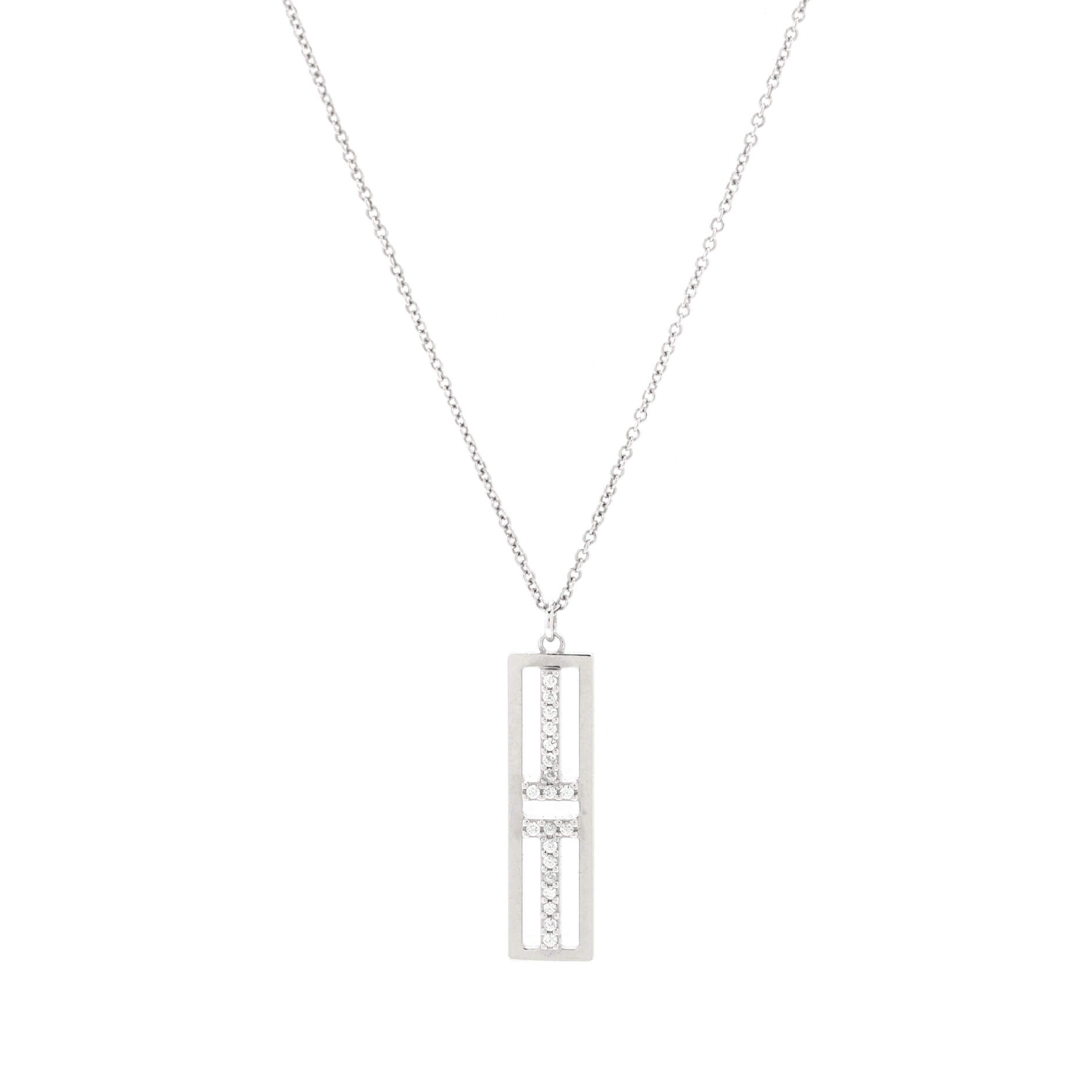 T Open Vertical Diamond Bar Pendant Necklace 18K White Gold