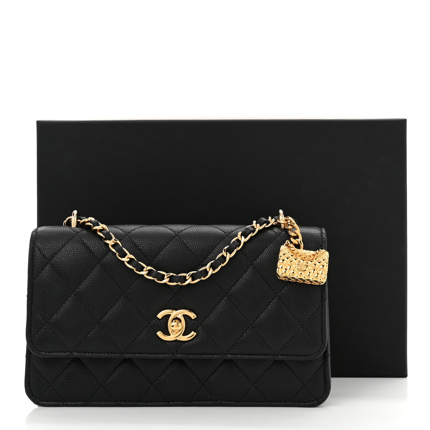 Shiny Caviar Quilted Flap Charm Wallet On Chain WOC Black