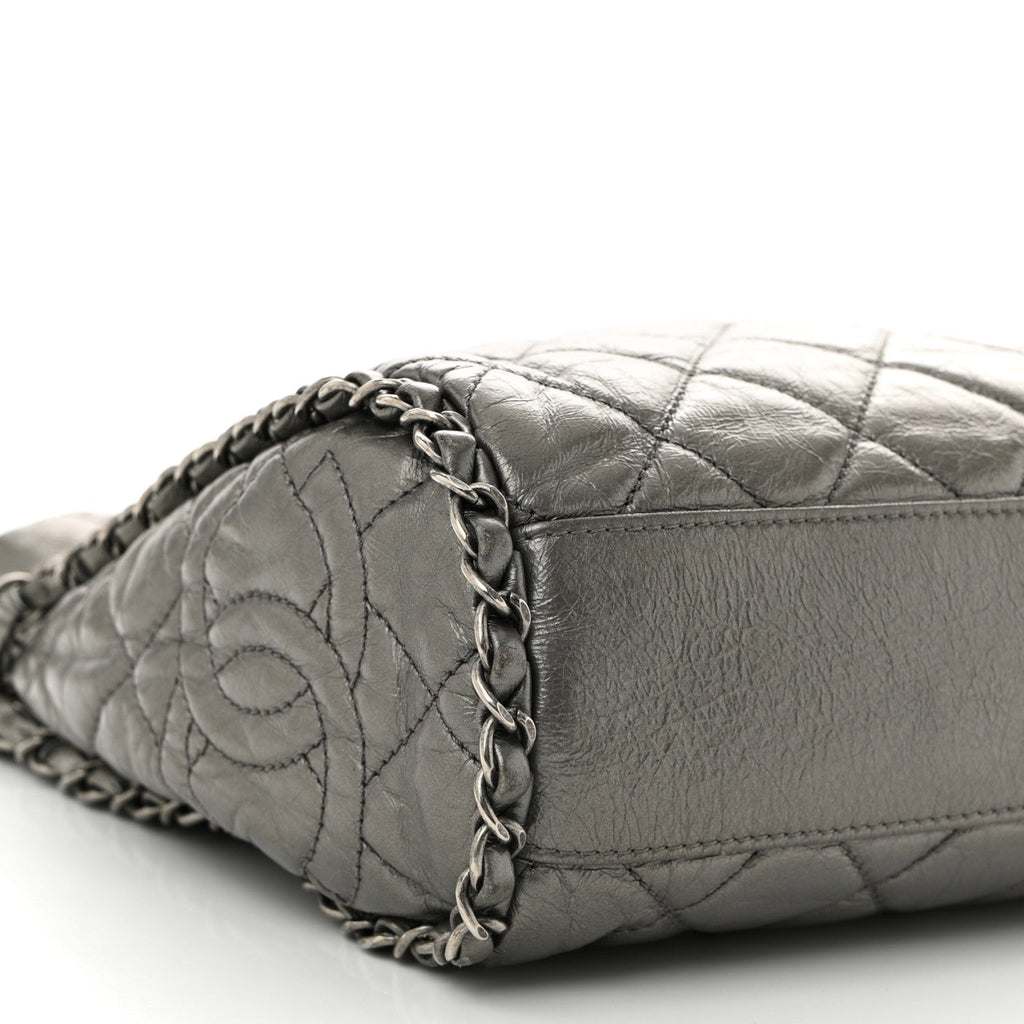 Metallic Calfskin Quilted Medium Chain Me Hobo Dark Silver