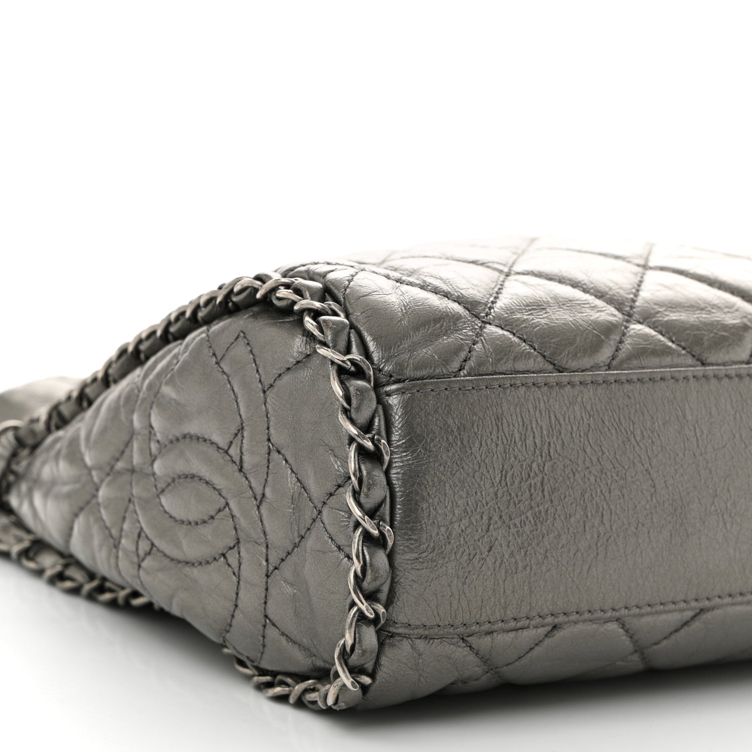 Metallic Calfskin Quilted Medium Chain Me Hobo Dark Silver