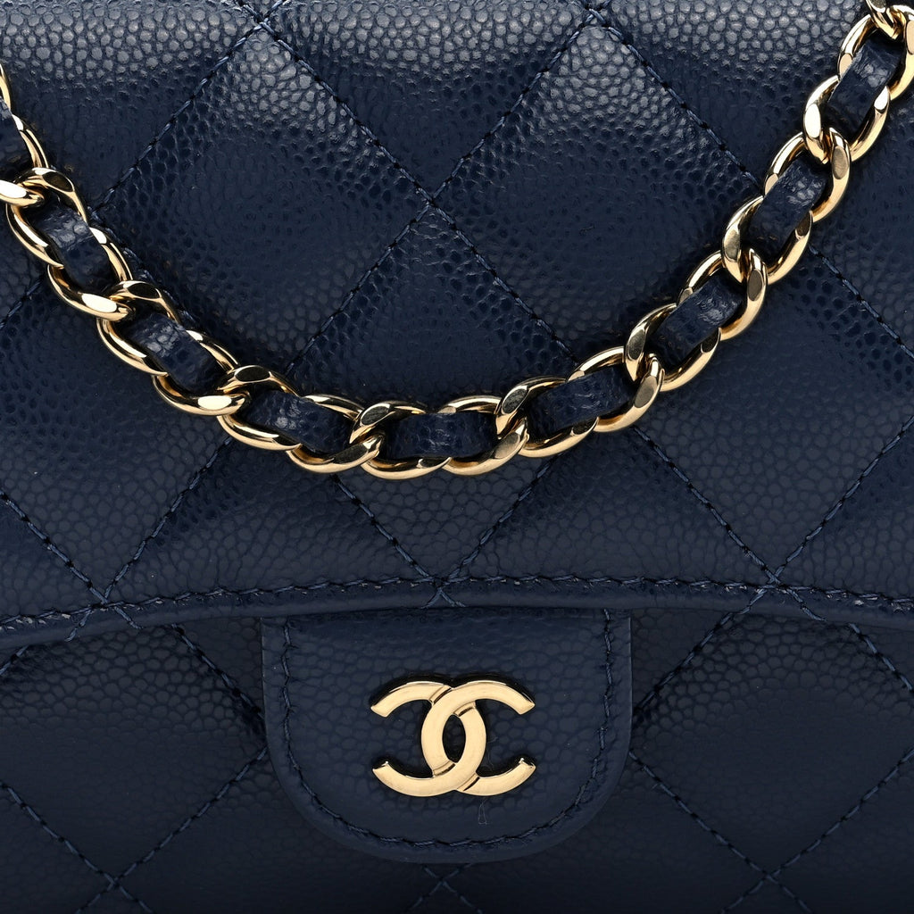 Caviar Quilted Flap Phone Holder With Chain Navy Blue