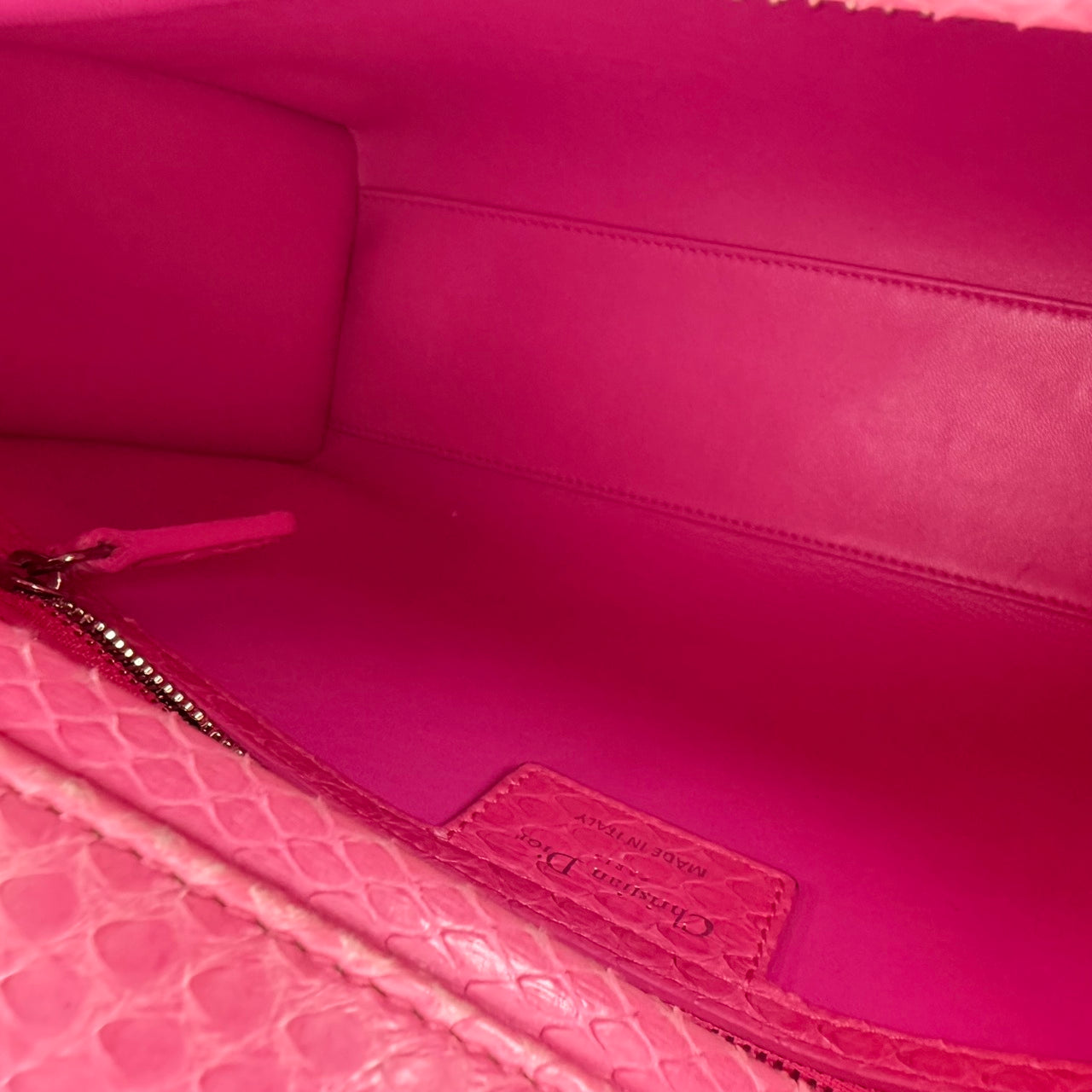Christian Dior Large Lady Dior Bag with Pink Python Leather and Silver Hardware