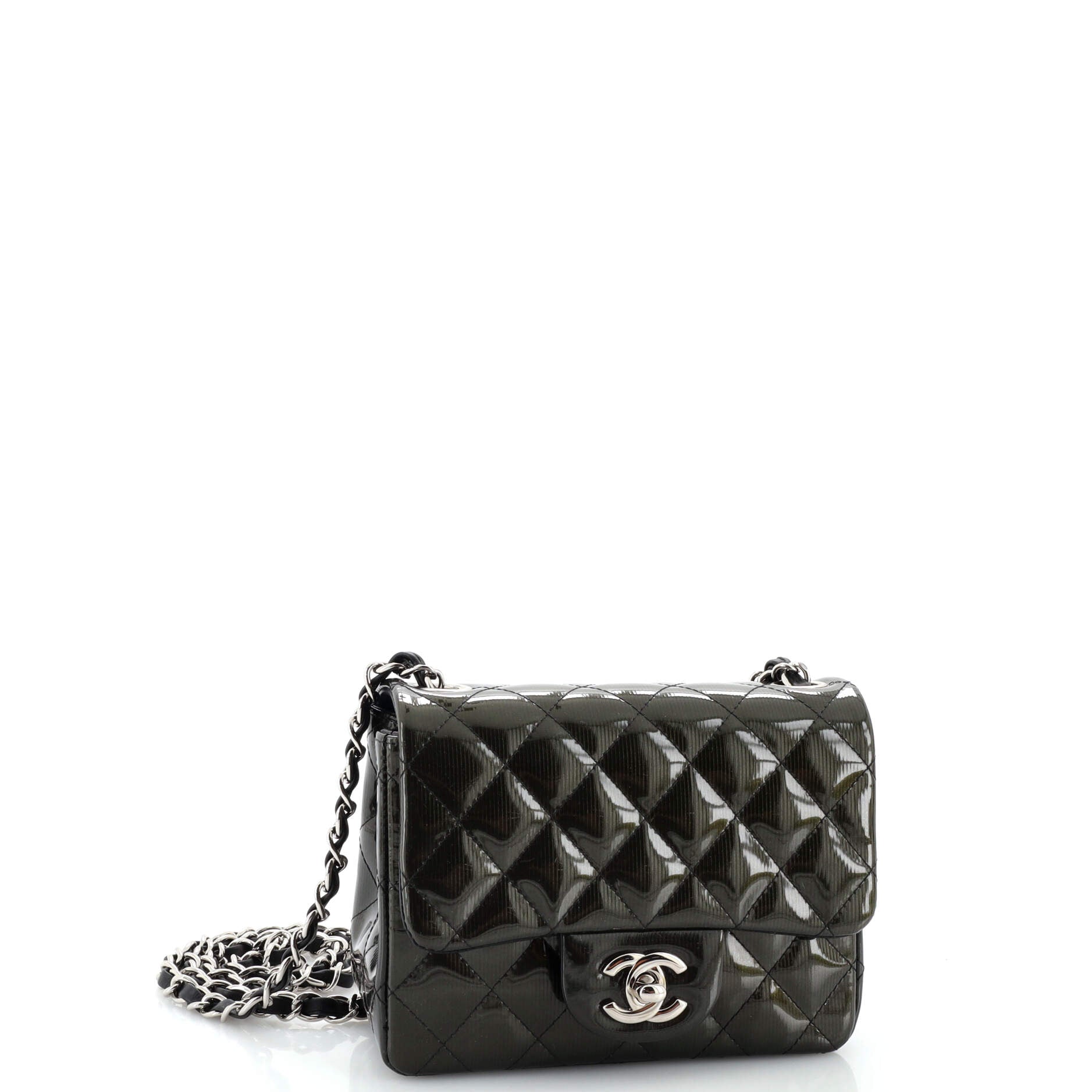 Square Classic Single Flap Bag Quilted Striated Metallic Patent Mini