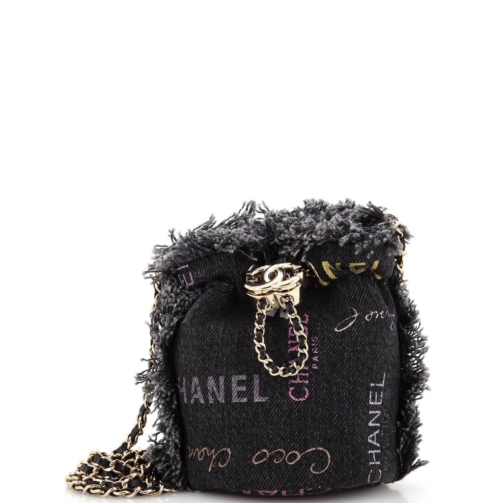 Denim Mood Chain Bucket Bag Logo Printed Quilted Fringe Denim Mini