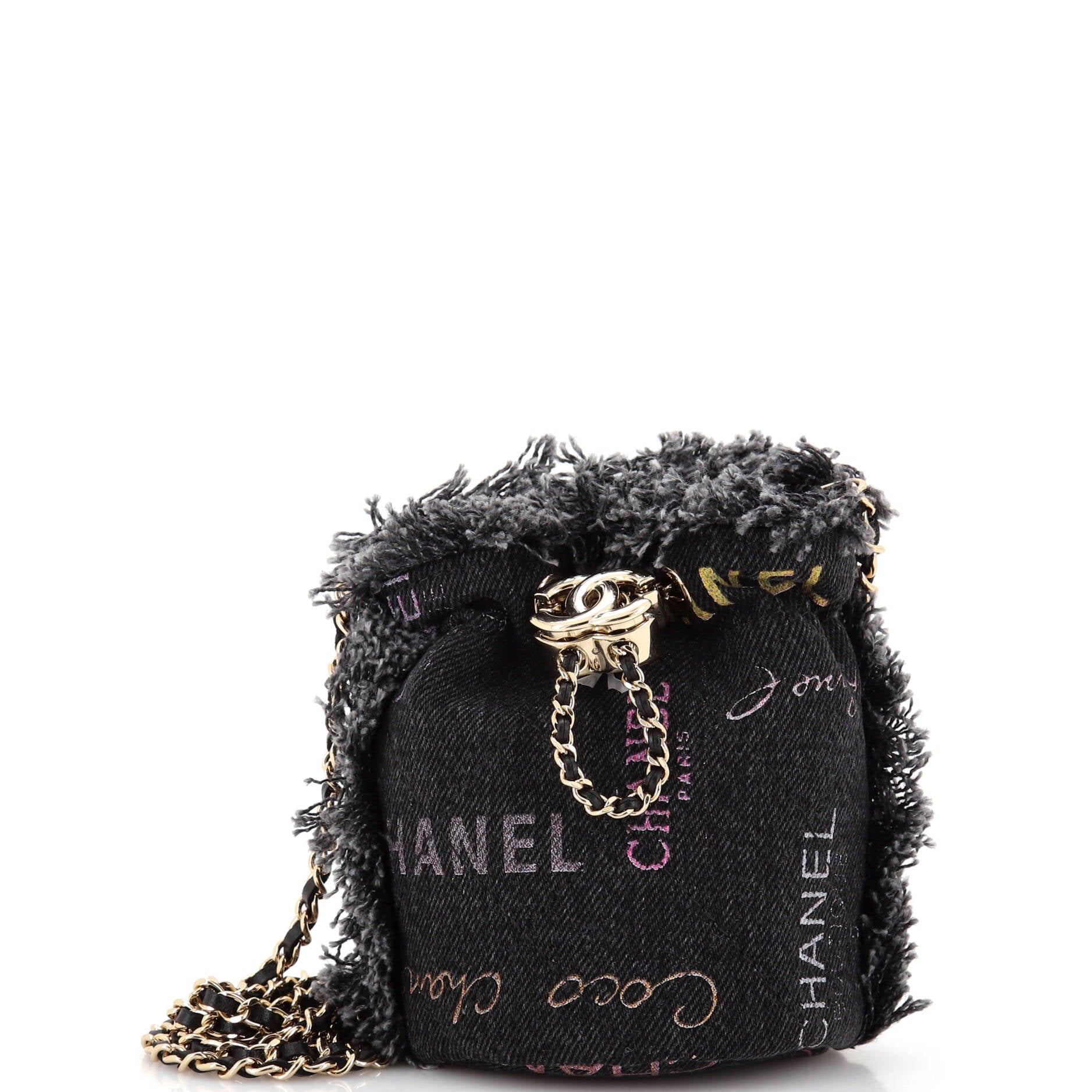 Denim Mood Chain Bucket Bag Logo Printed Quilted Fringe Denim Mini