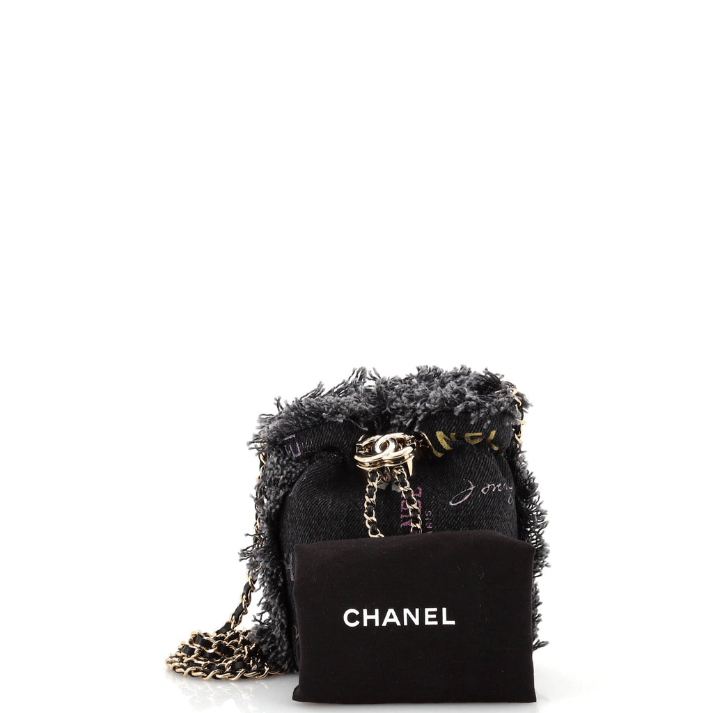 Denim Mood Chain Bucket Bag Logo Printed Quilted Fringe Denim Mini