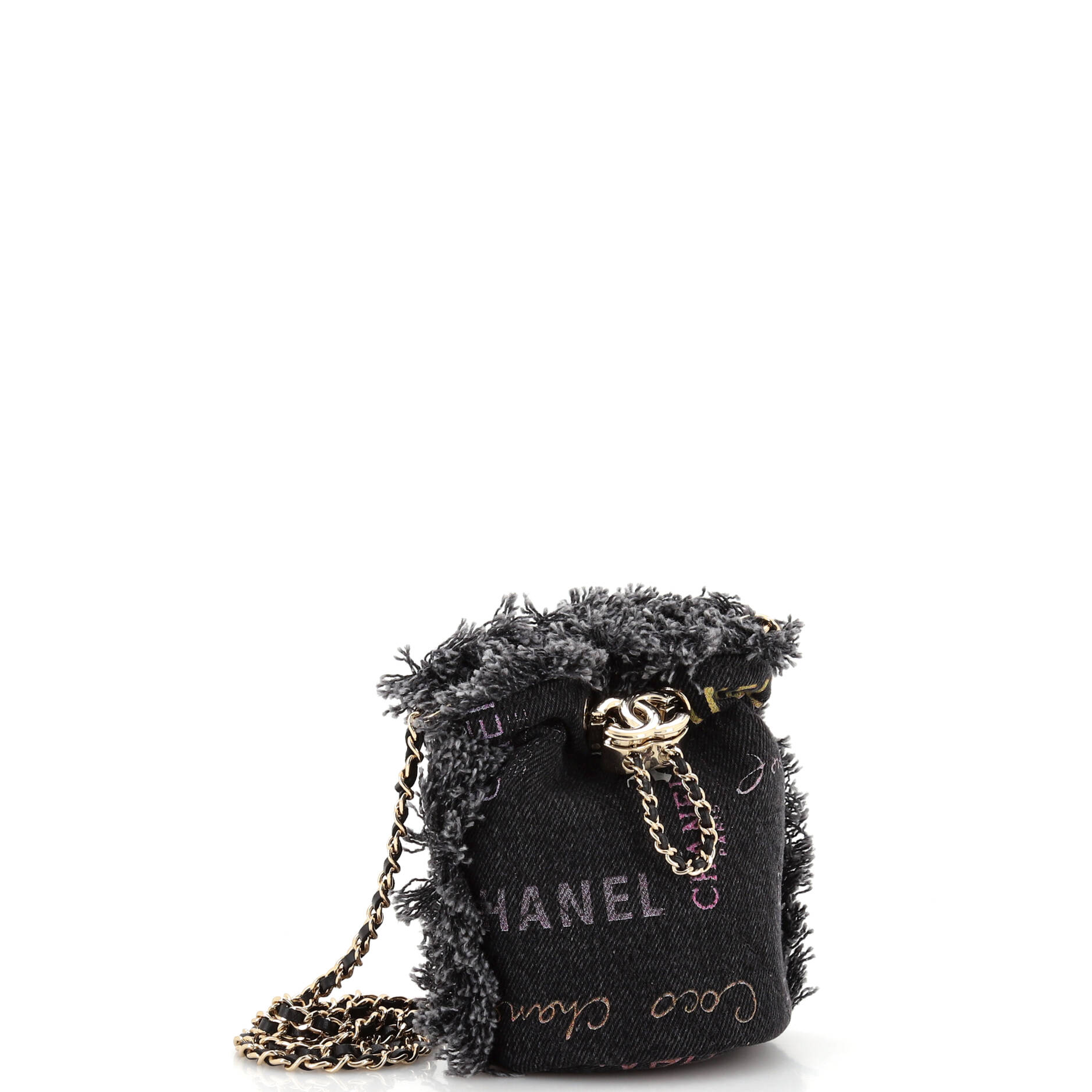 Denim Mood Chain Bucket Bag Logo Printed Quilted Fringe Denim Mini