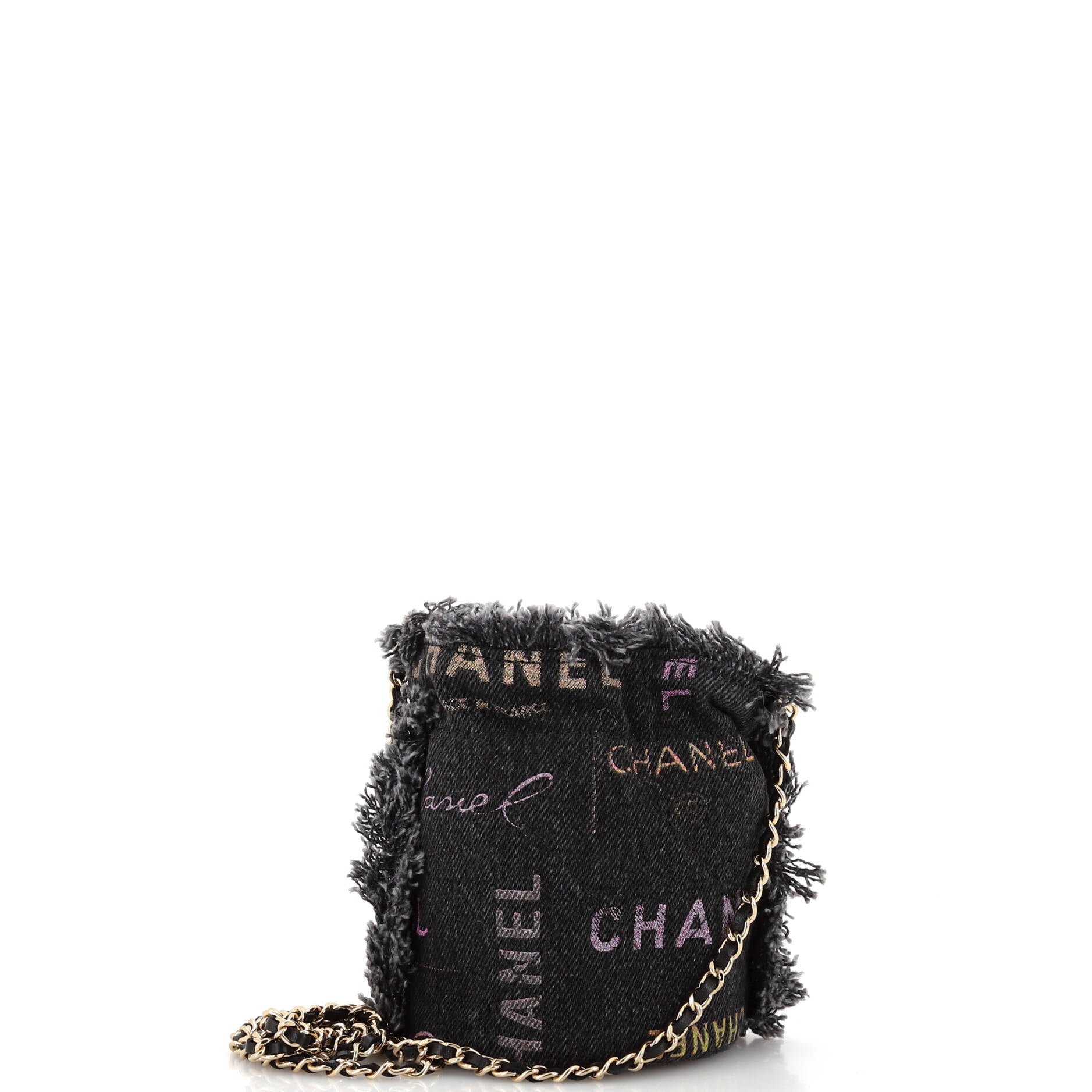 Denim Mood Chain Bucket Bag Logo Printed Quilted Fringe Denim Mini