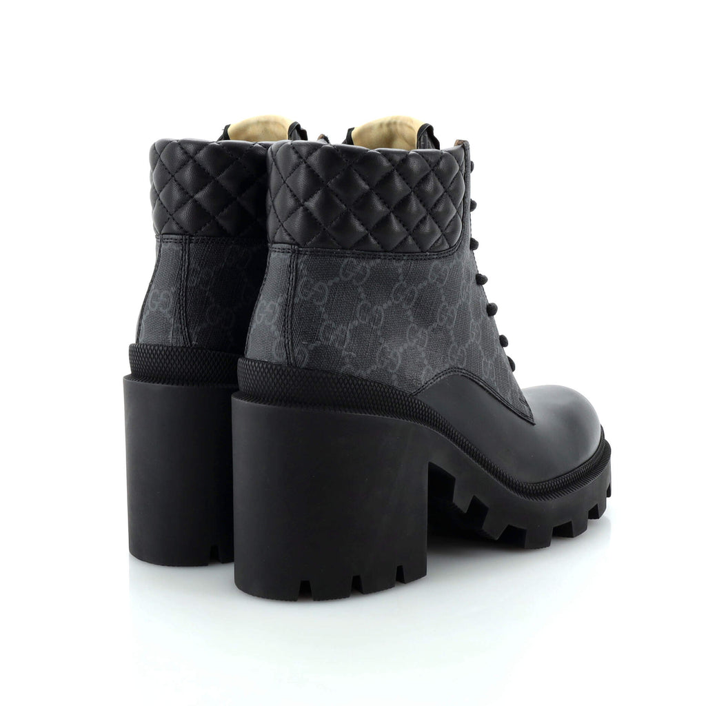 Women's Lace Up Heeled Ankle Boots GG Coated Canvas with Quilted Leather
