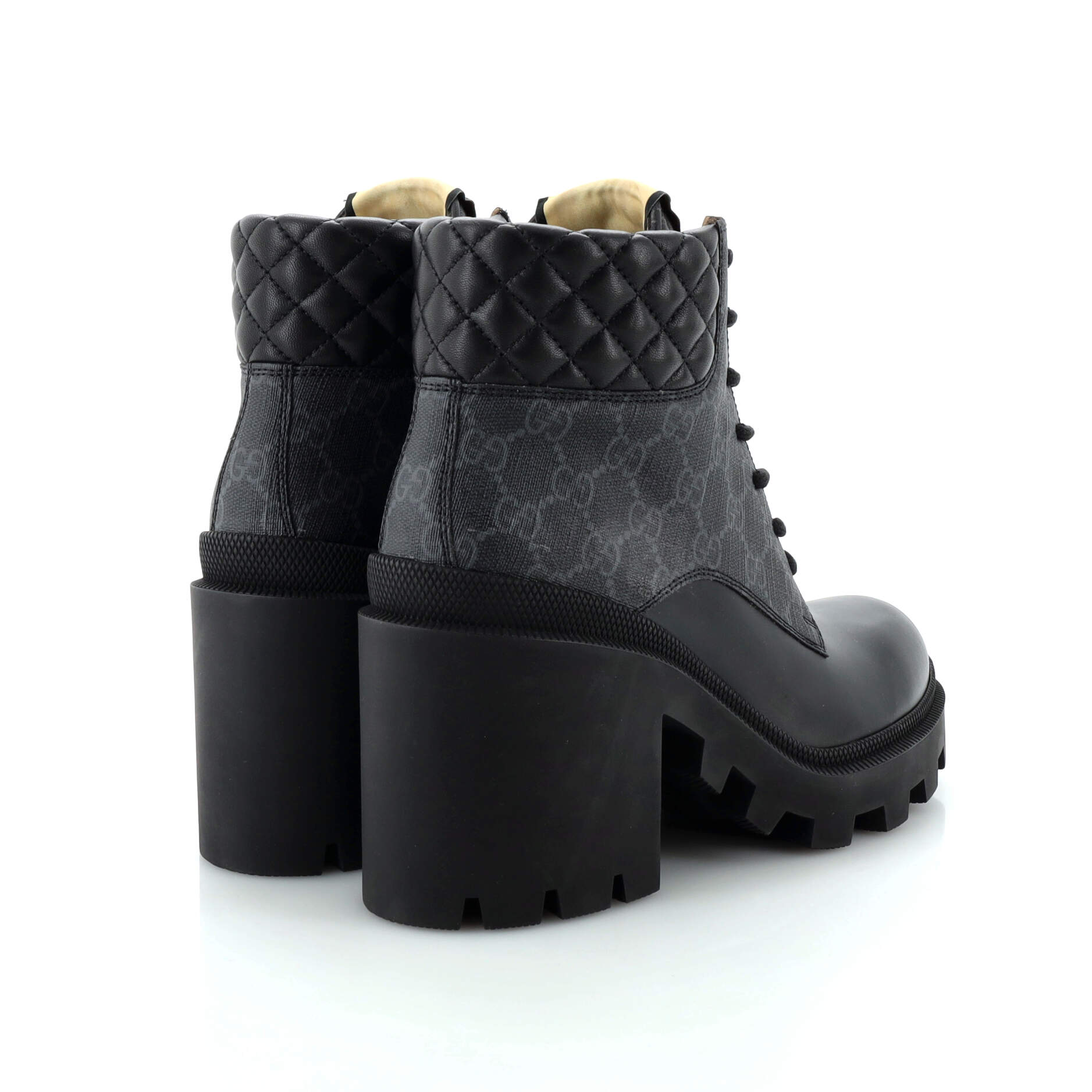 Women's Lace Up Heeled Ankle Boots GG Coated Canvas with Quilted Leather