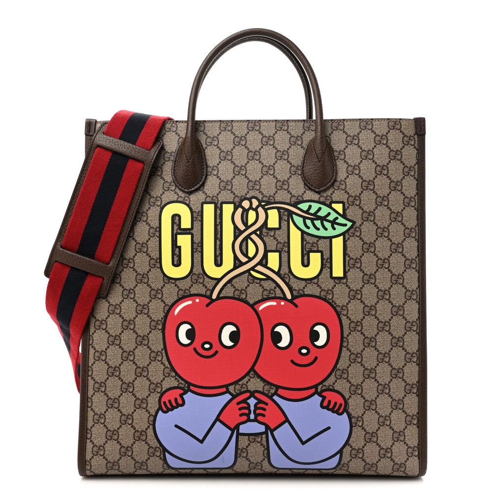 GG Supreme Monogram Cherry Marilyn Monoroe Tote Bag Beige Ebony New Acero Multicolor