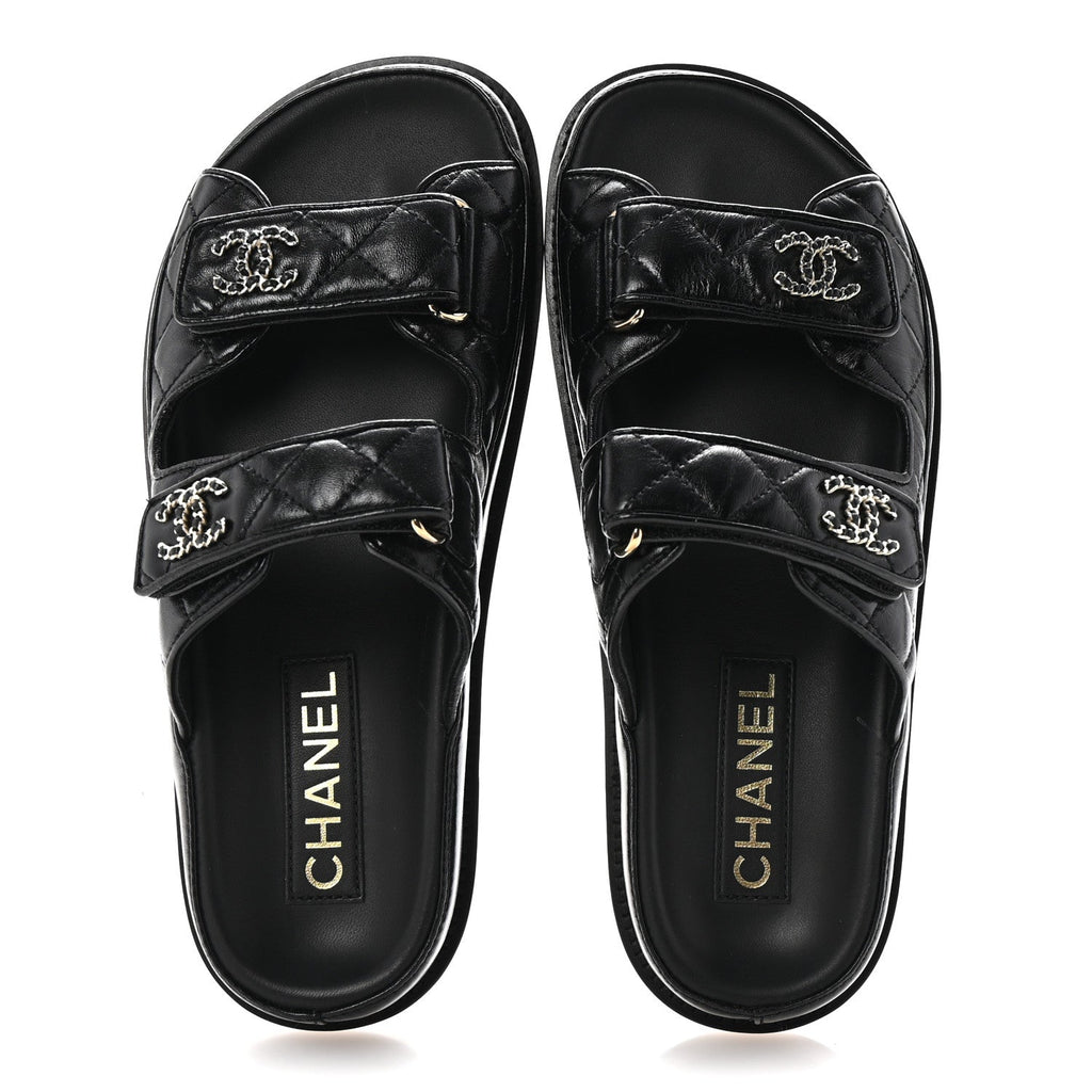 Lambskin Quilted Velcro Dad Chain CC Slide Sandals 36.5 Black