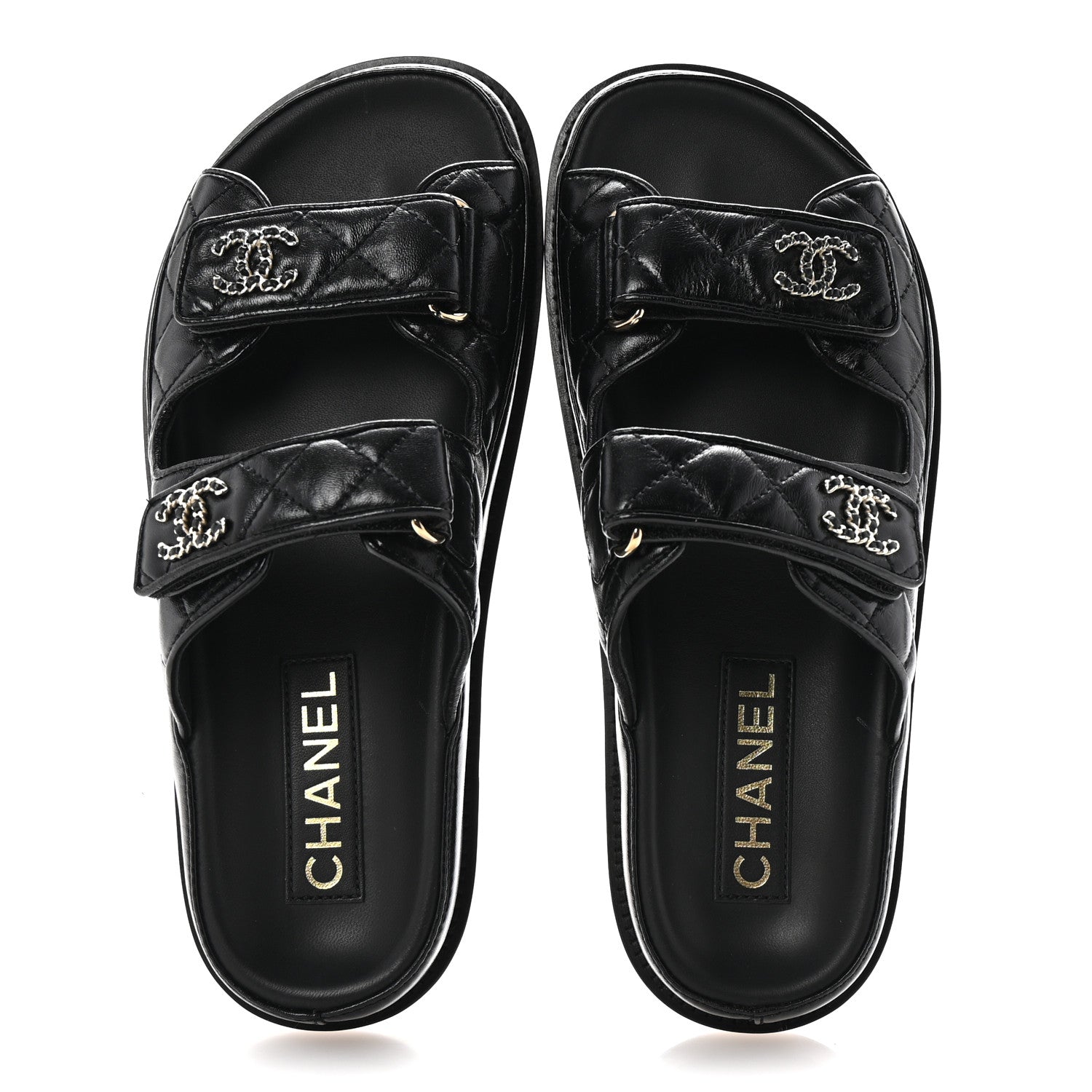 Lambskin Quilted Velcro Dad Chain CC Slide Sandals 36.5 Black