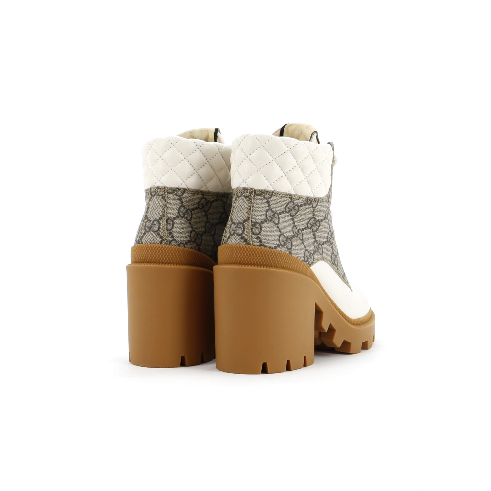 Women's Lace Up Heeled Ankle Boots GG Coated Canvas with Quilted Leather