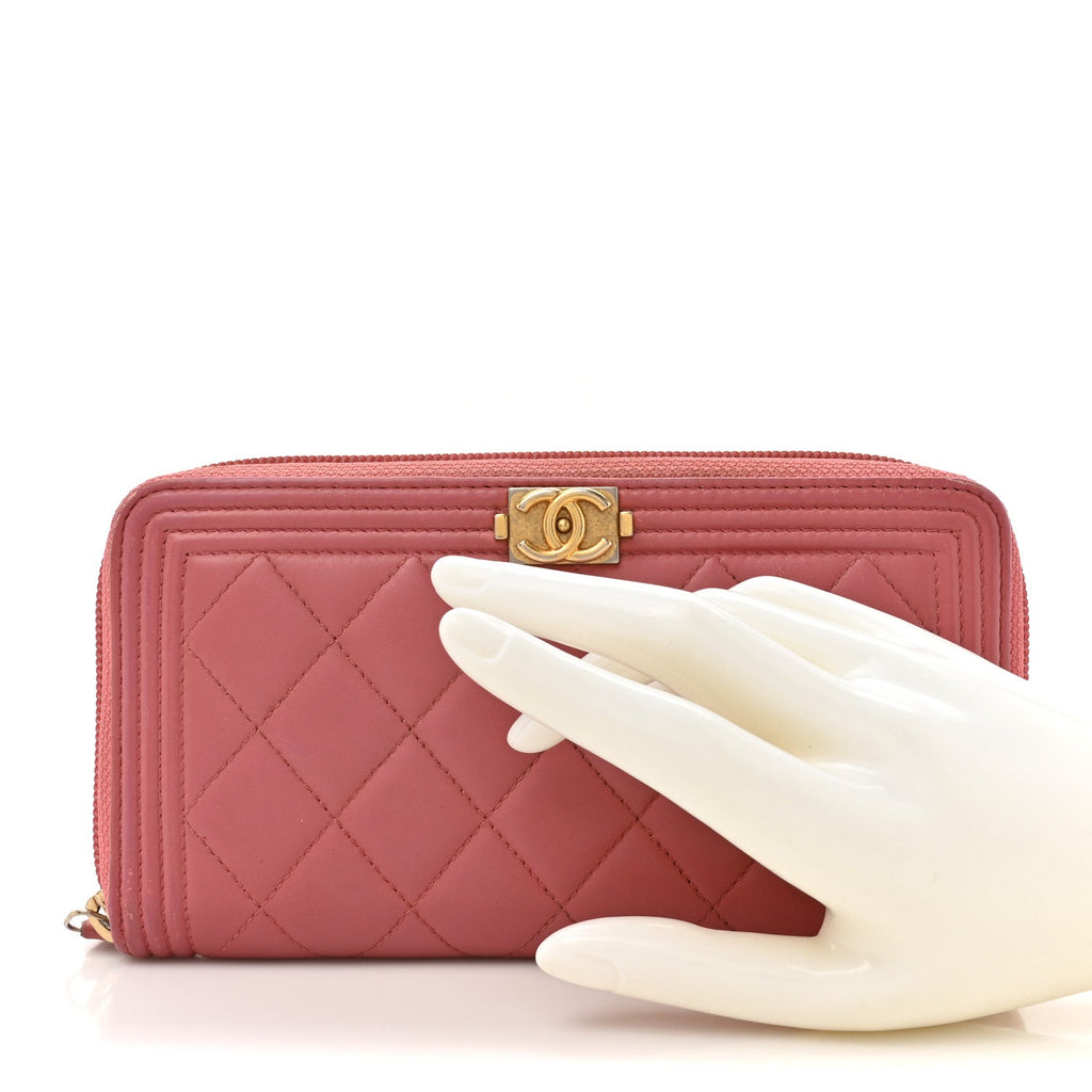 Lambskin Quilted Boy Zip Around Wallet Pink