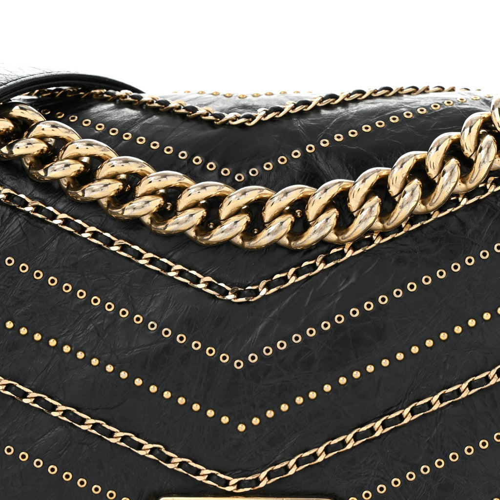 Crumpled Calfskin Chevron Chain Medium Boy Flap Black
