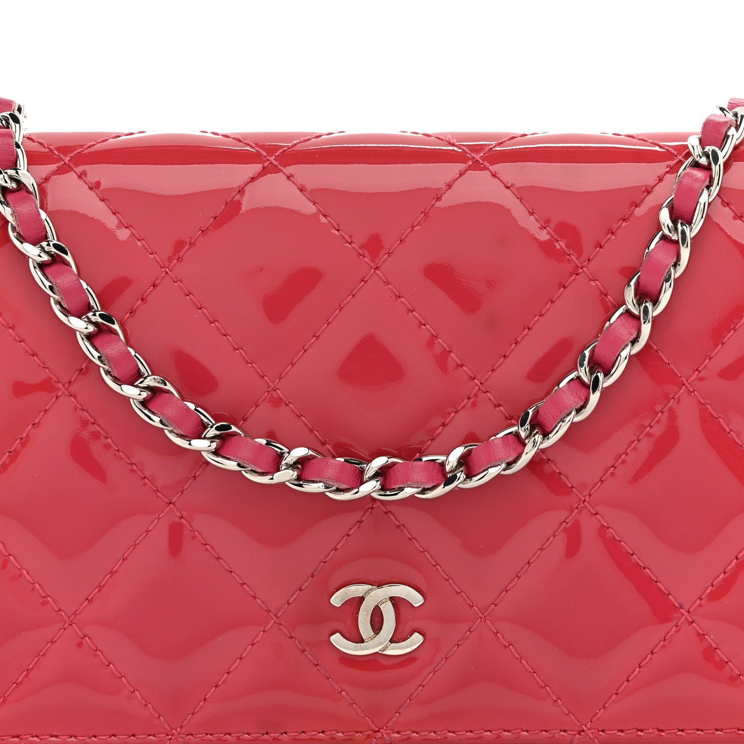 Patent Calfskin Quilted Wallet On Chain WOC Pink