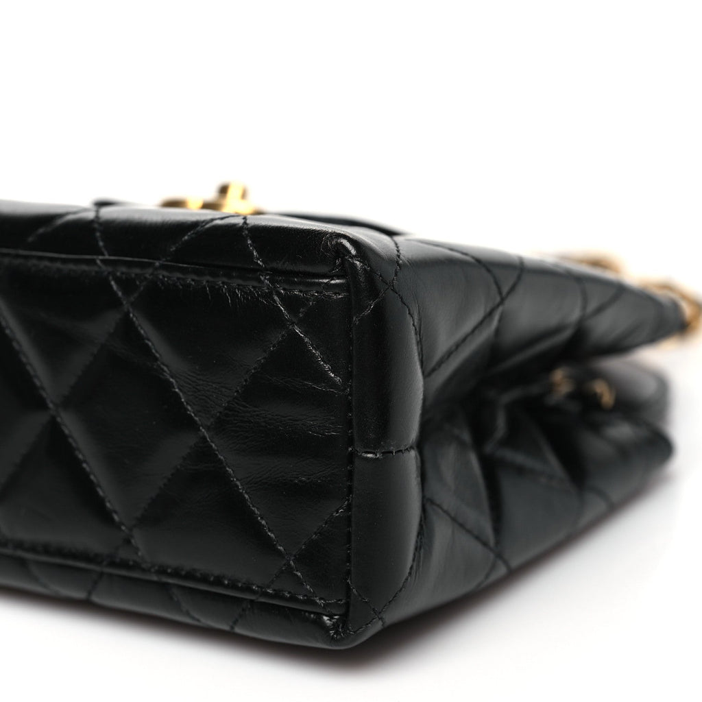 Shiny Aged Calfskin Quilted Nano Kelly Shopper Black