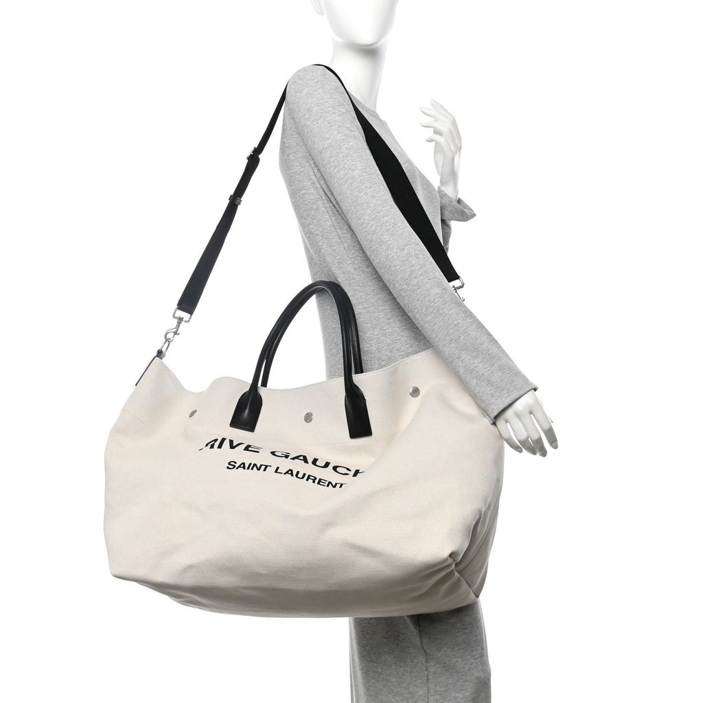 Linen Calfskin Rive Gauche Maxi Tote Grege et Noir