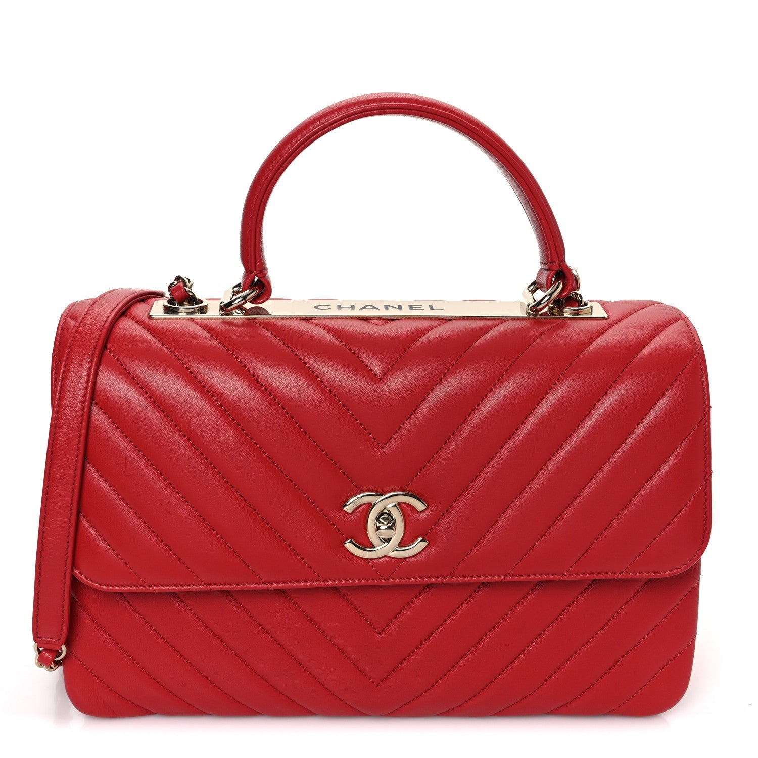 Lambskin Chevron Quilted Medium Trendy CC Dual Handle Flap Bag Red