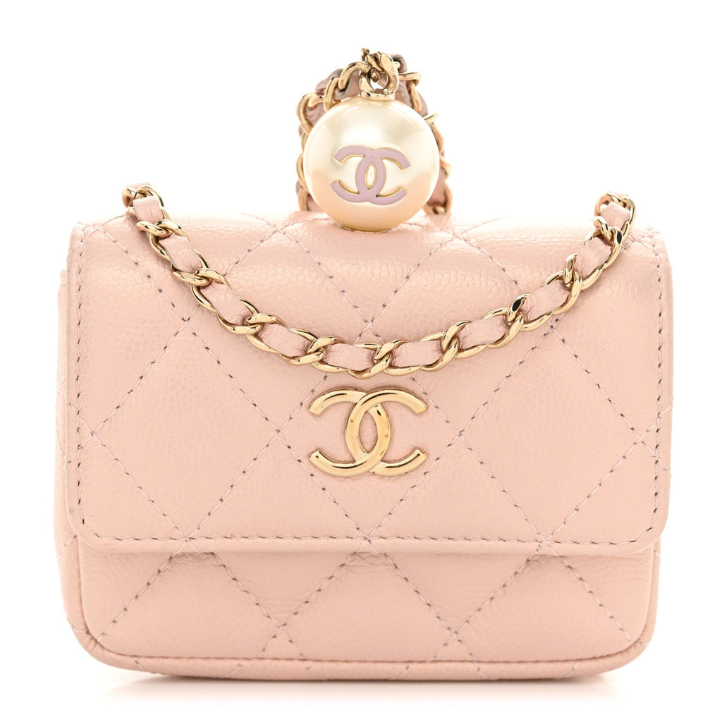 Iridescent Caviar Quilted Pearl On Top Coin Purse With Chain Light Pink