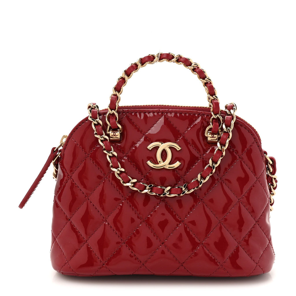 Patent Calfskin Quilted Shiny Coco Clutch With Chain Red