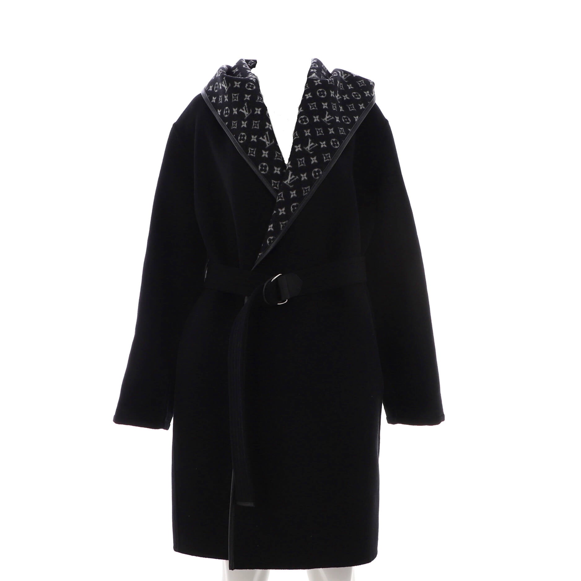 Women's Reversible Hooded Belted Wrap Coat Monogram Wool Blend