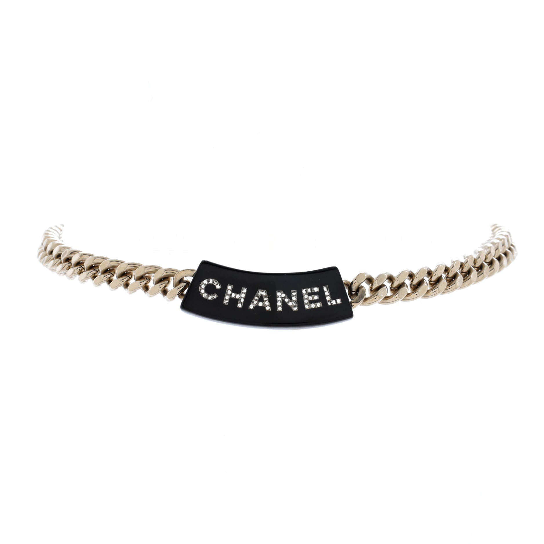 Logo CC Plate Choker Necklace Metal with Resin and Crystals